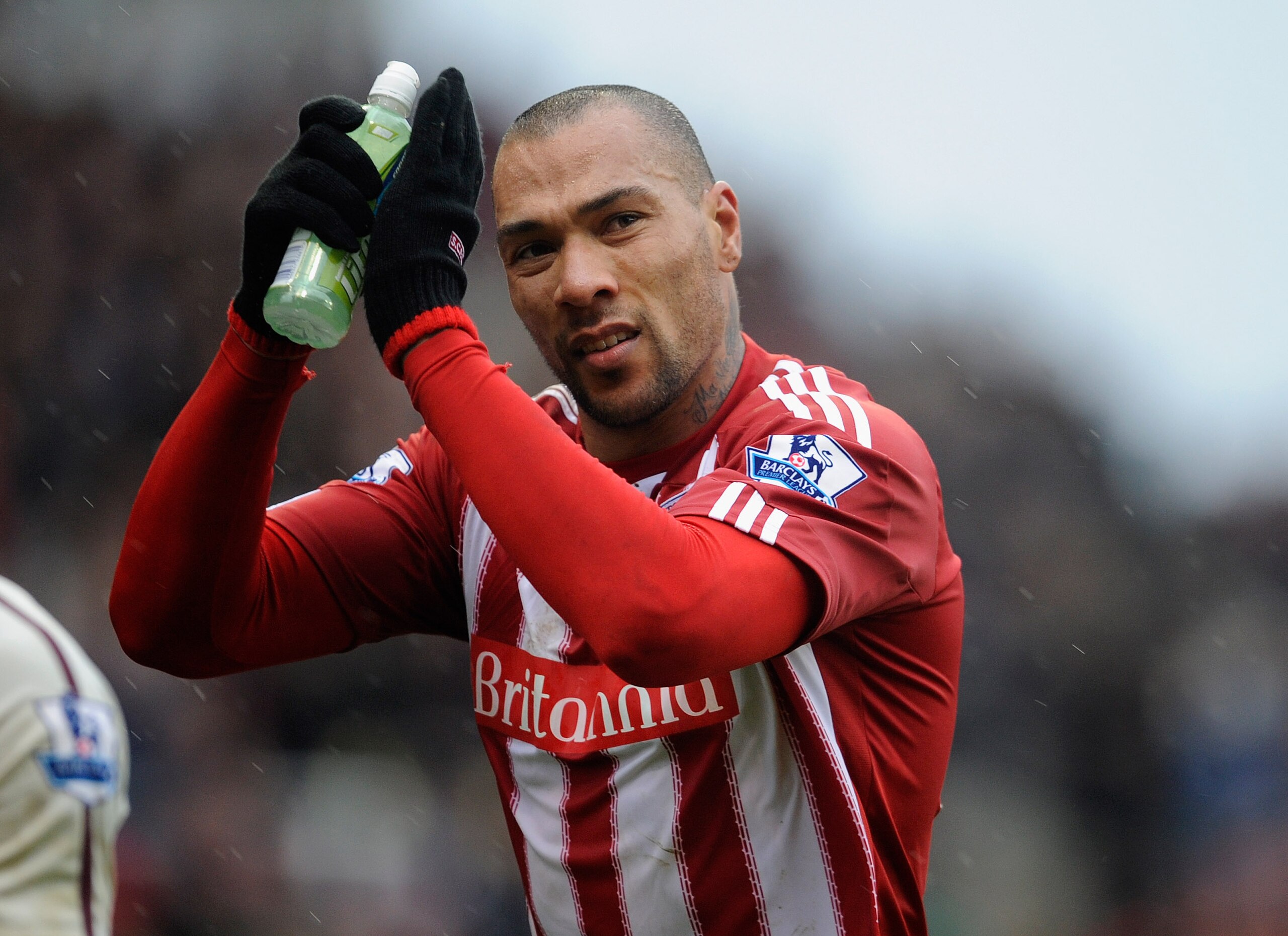 STOKE ON TRENT, ENGLAND - FEBRUARY 05: John Carew of Stoke salutes the fans after the Barclays Premier League match between Stoke City and Sunderland at the Britannia Stadium on February 5, 2011 in Stoke on Trent, England.  (Photo by Michael Regan/Getty I