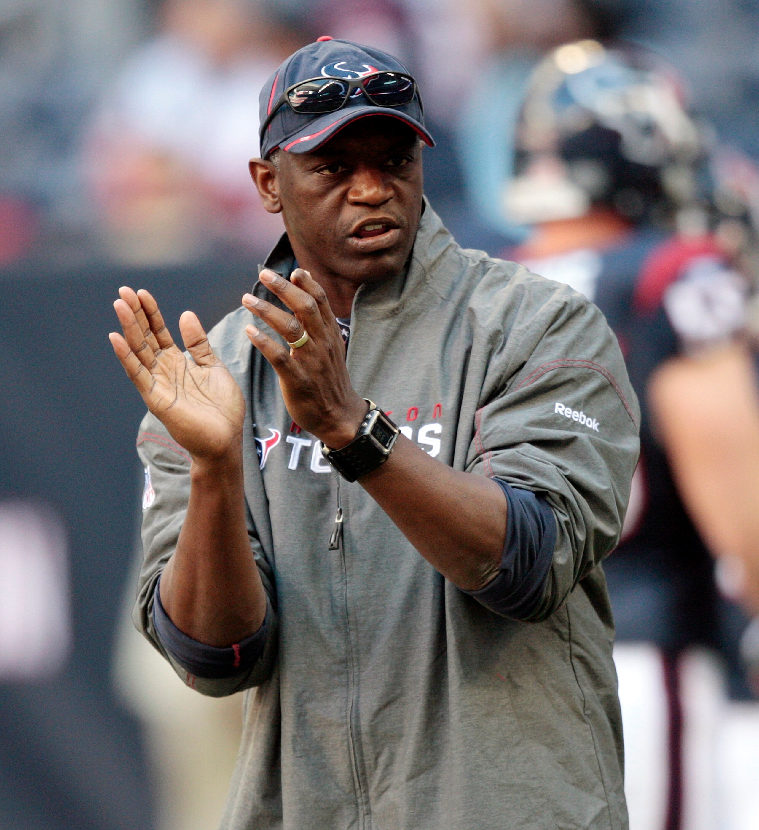 HOUSTON, TX - JANUARY 02:  Defensive coordinator Frank Bush of the Houston Texans looks on during warm ups before playing the Jacksonville Jaguars at Reliant Stadium on January 2, 2011 in Houston, Texas.  (Photo by Bob Levey/Getty Images)