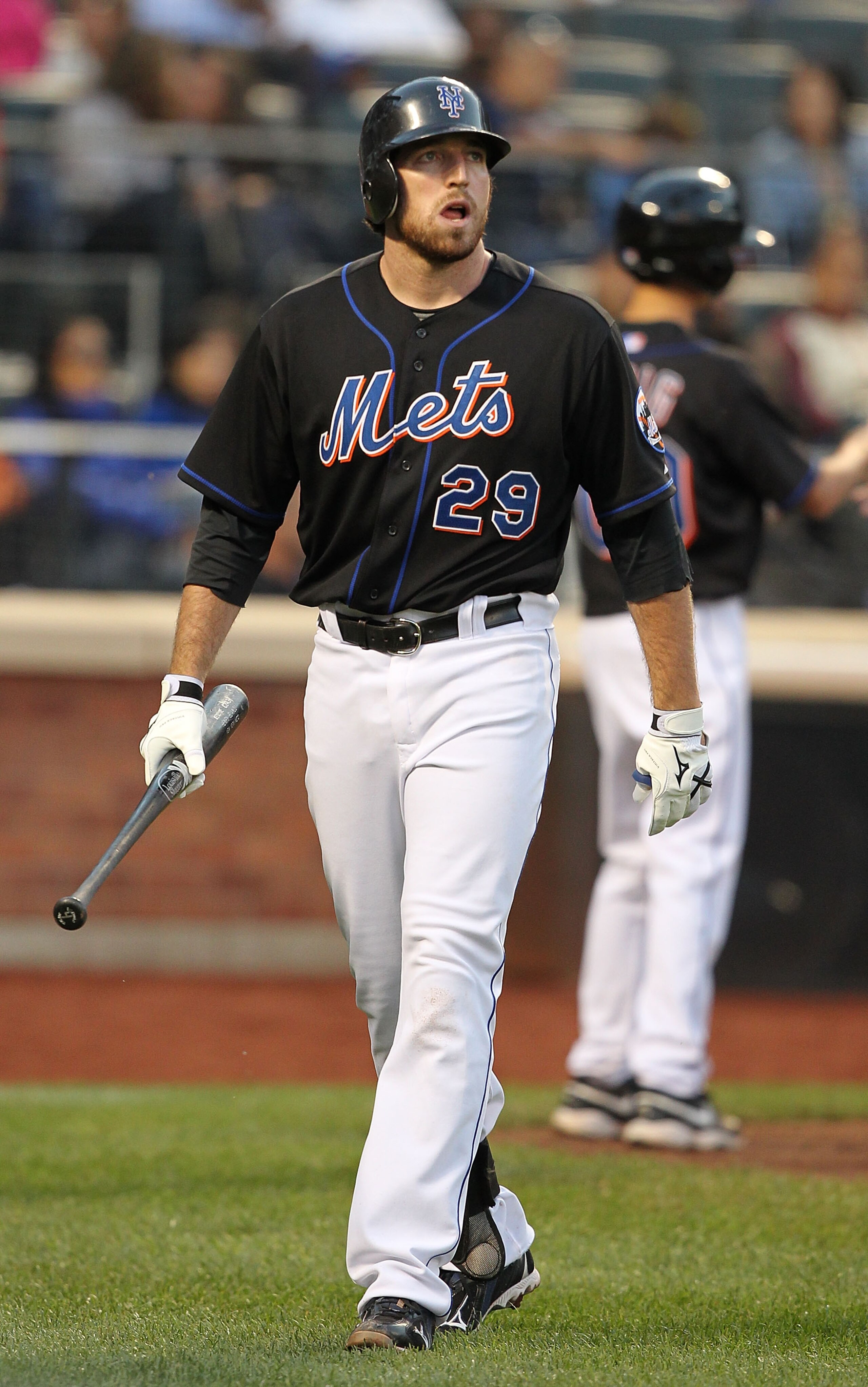 NEW YORK - SEPTEMBER 18: Ike Davis #29 of the New York Mets reacts after striking out in the ninth inning against the Atlanta Braves during their game on September 18, 2010 at Citi Field in the Flushing neighborhood of the Queens borough of New York City.
