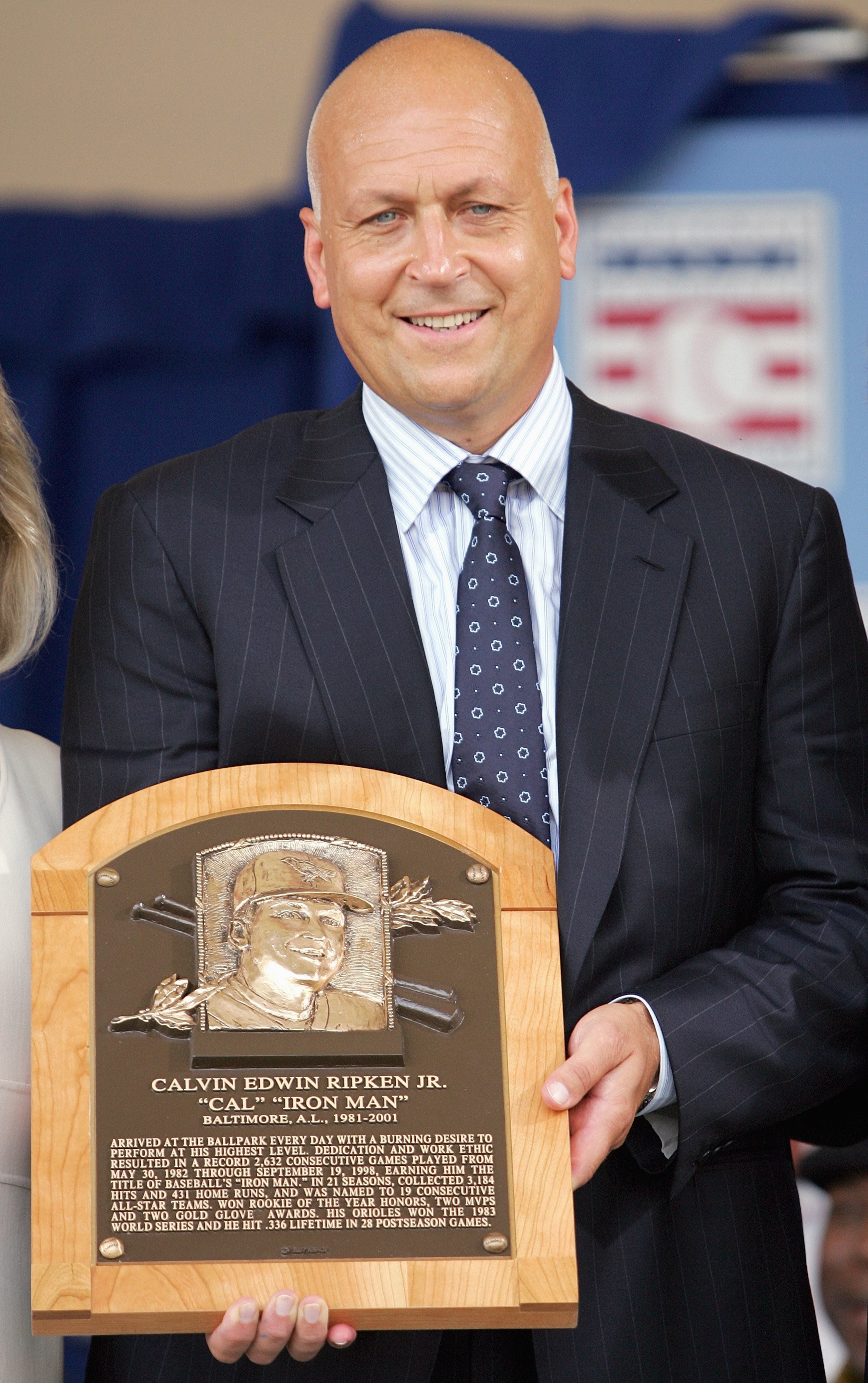 COOPERSTOWN, NY - JULY 29: 2007 inductee Cal Ripken Jr. poses with his plaque at Clark Sports Center during the Baseball Hall of Fame induction ceremony on July 29, 2007 in Cooperstown, New York. (Photo by Chris McGrath/Getty Images)