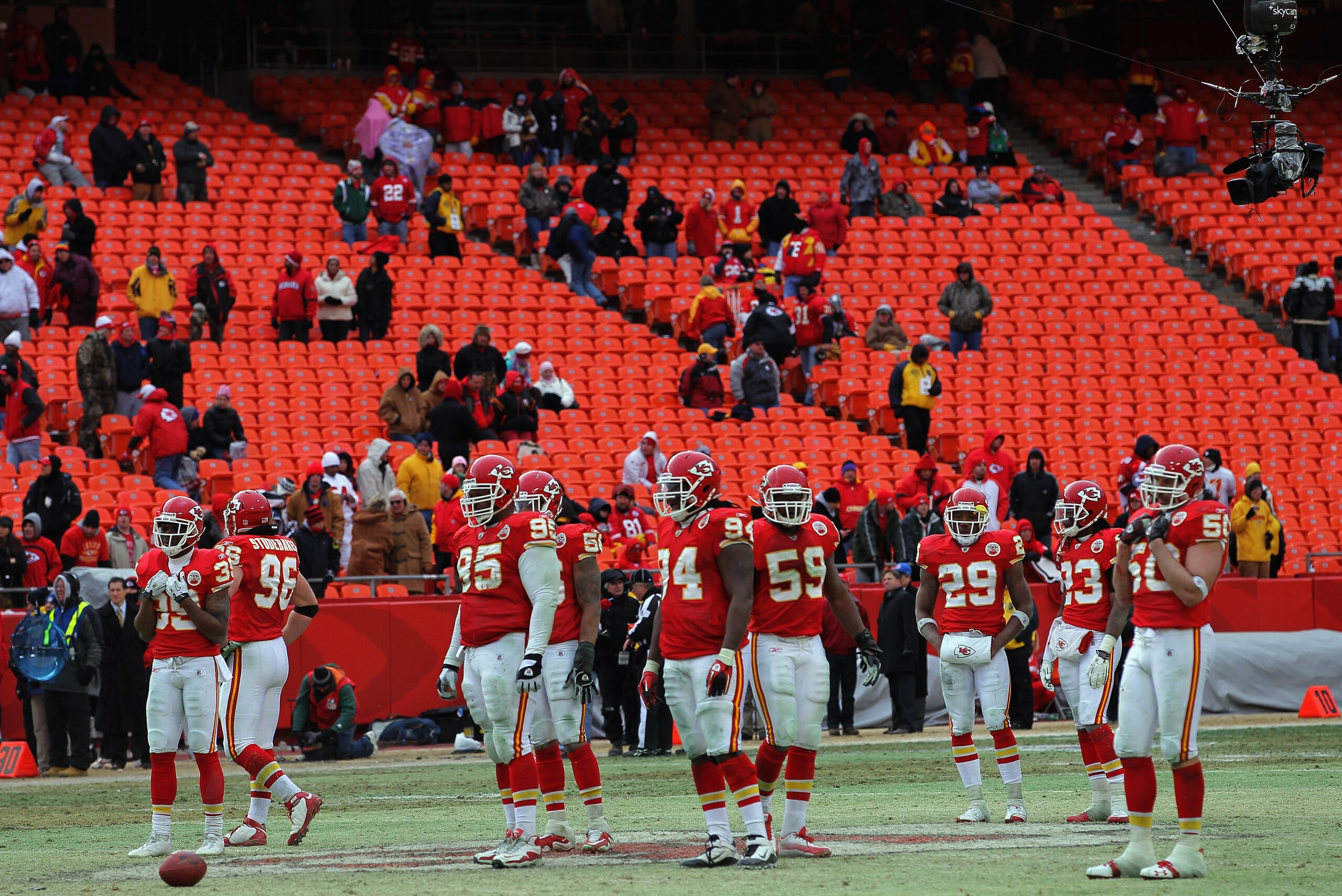KANSAS CITY, MO - JANUARY 09:  Fans of the Kansas City Chiefs begin to leave the stadium in the final minutes as the Baltimore Ravens defeated the Chiefs 30-7 in the 2011 AFC wild card playoff game at Arrowhead Stadium on January 9, 2011 in Kansas City, M