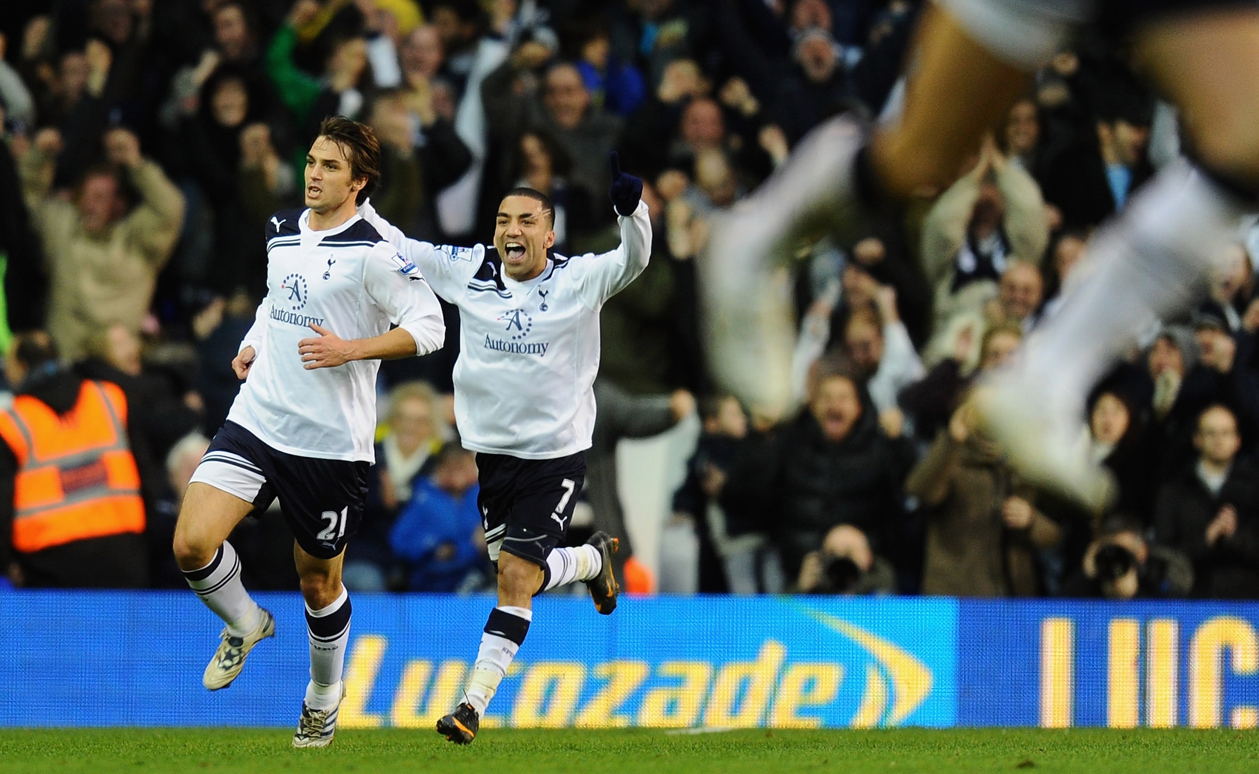 LONDON, ENGLAND - FEBRUARY 05:  Niko Kranjcar of Tottenham Hotspur celebrate scoring the winning goal with teammate Aaron Lennon (R) during the Barclays Premier League match between Tottenham Hotspur and Bolton Wanderers at White Hart Lane on February 5,