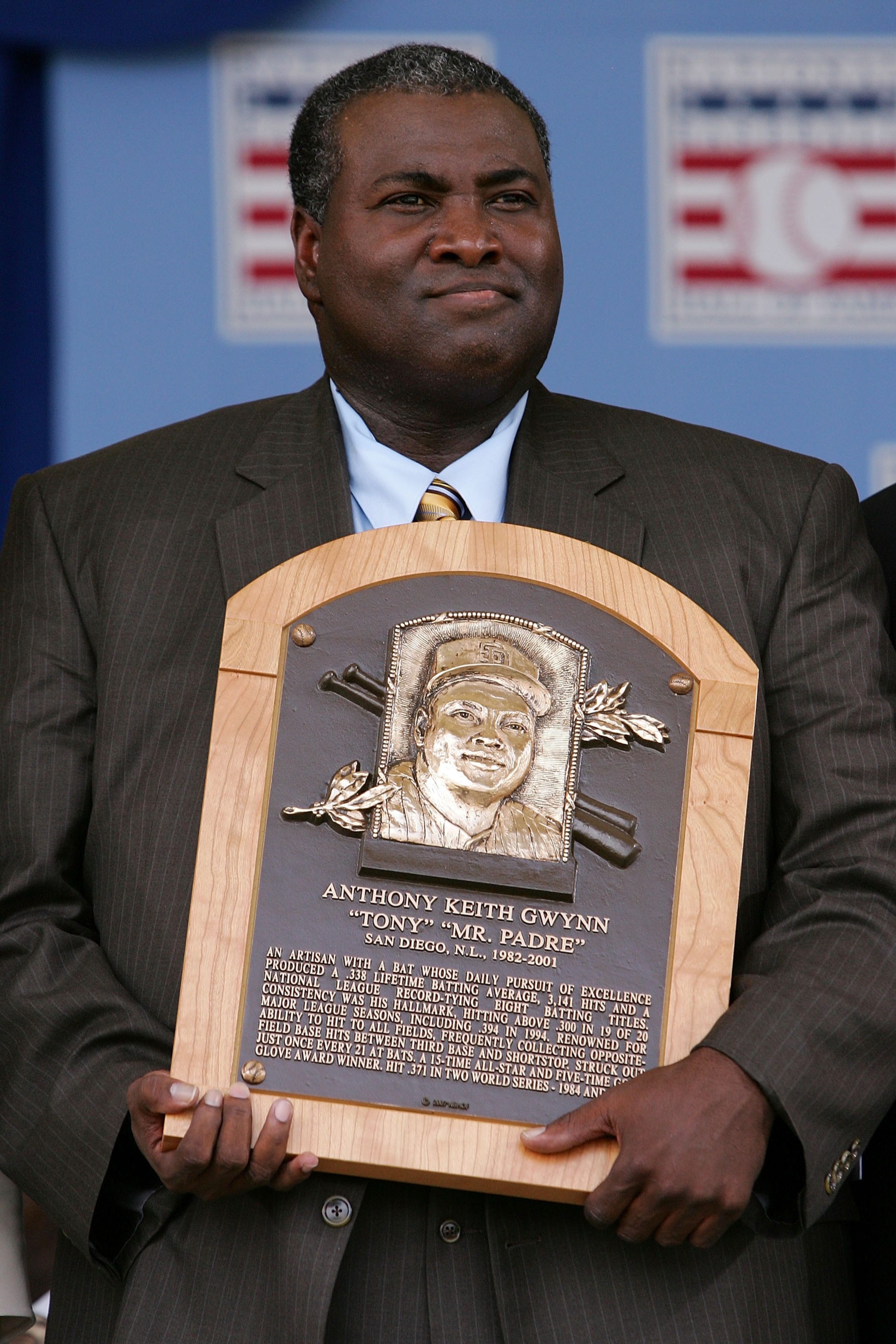 COOPERSTOWN, NY - JULY 29:  2007 inductee Tony Gwynn poses with his plaque after his speech at Clark Sports Center during the Baseball Hall of Fame induction ceremony on July 29, 2007 in Cooperstown, New York.   (Photo by Chris McGrath/Getty Images)