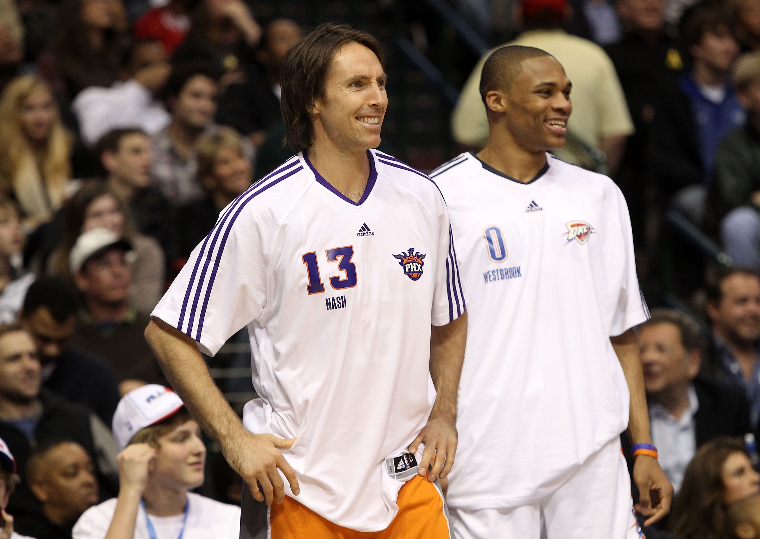 DALLAS - FEBRUARY 13: Steve Nash #13 of the Phoenix Suns and Russell Westbrook #0 of the Oklahoma City Thunder smiles during the Taco Bell Skills Challenge on All-Star Saturday Night, part of 2010 NBA All-Star Weekend at American Airlines Center on Febru DALLAS - FEBRUARY 13: Steve Nash #13 of the Phoenix Suns and Russell Westbrook #0 of the Oklahoma City Thunder smiles during the Taco Bell Skills Challenge on All-Star Saturday Night, part of 2010 NBA All-Star Weekend at American Airlines Center on Febru