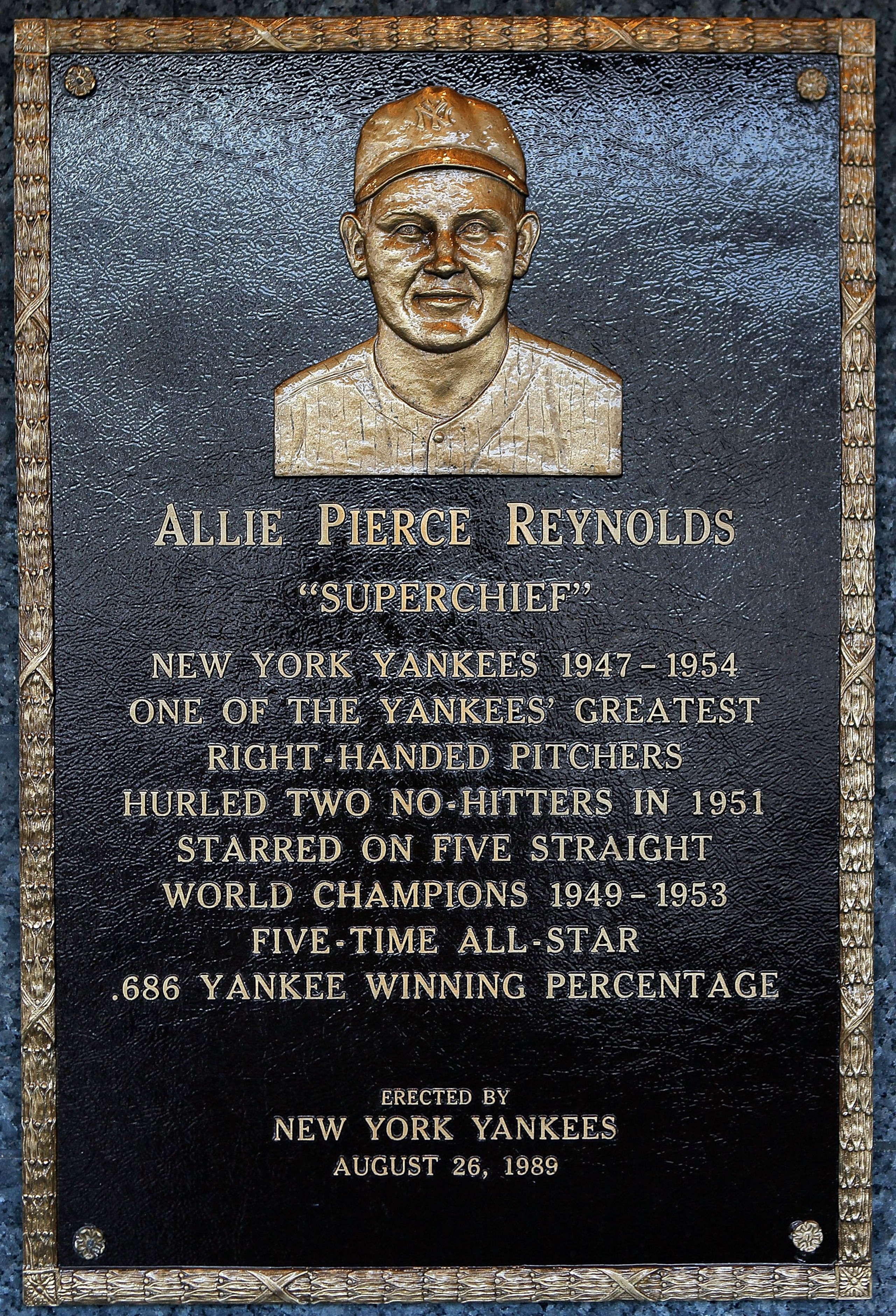 NEW YORK - MAY 02: The plaque of Allie Reynolds is seen in Monument Park at Yankee Stadium prior to the game between the New York Yankees and the Chicago White Sox on May 2, 2010 in the Bronx borough of New York City. The Yankees defeated the White Sox 1 NEW YORK - MAY 02: The plaque of Allie Reynolds is seen in Monument Park at Yankee Stadium prior to the game between the New York Yankees and the Chicago White Sox on May 2, 2010 in the Bronx borough of New York City. The Yankees defeated the White Sox 1