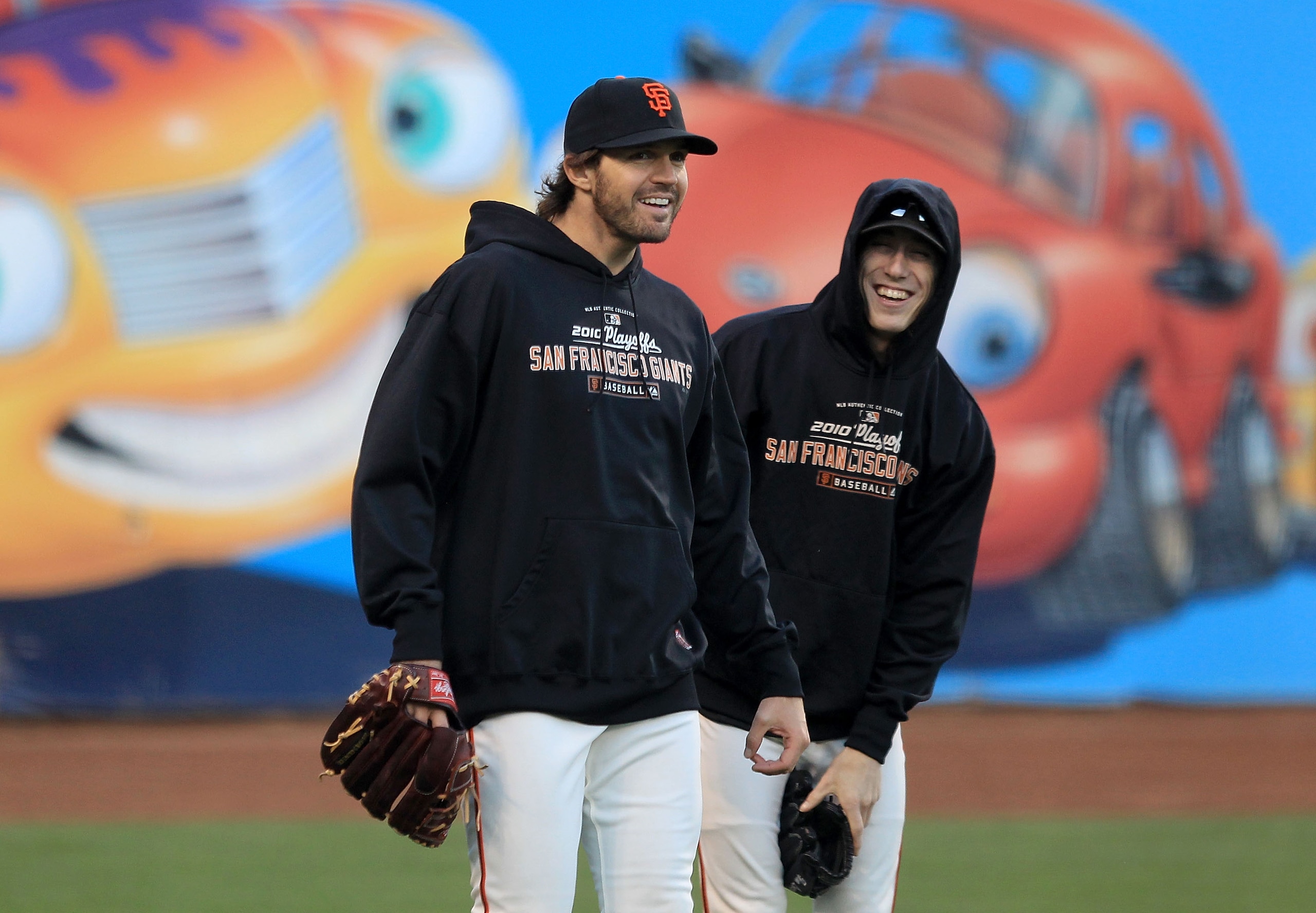 SAN FRANCISCO - OCTOBER 26:  Tim Lincecum #55 and Barry Zito of the San Francisco Giants stand on the field during a workout session at AT&T Park on October 26, 2010 in San Francisco, California. The Texas Rangers will face off against the San Francisco G
