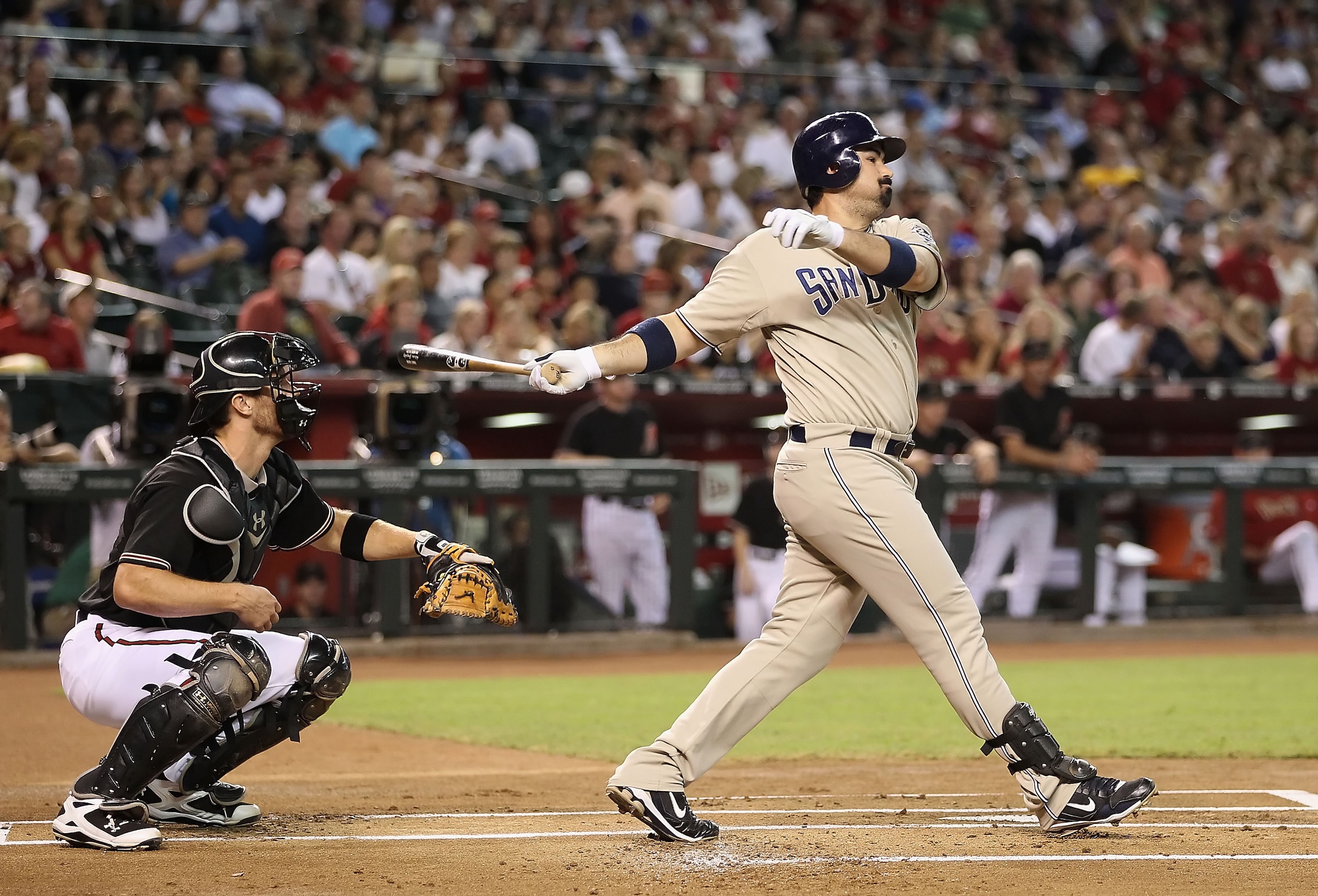 PHOENIX - AUGUST 07:  Adrian Gonzalez #23 of the San Diego Padres at bat during the Major League Baseball game against the Arizona Diamondbacks at Chase Field on August 7, 2010 in Phoenix, Arizona. The Diamondbacks defeated the Padres 6-5.  (Photo by Chri