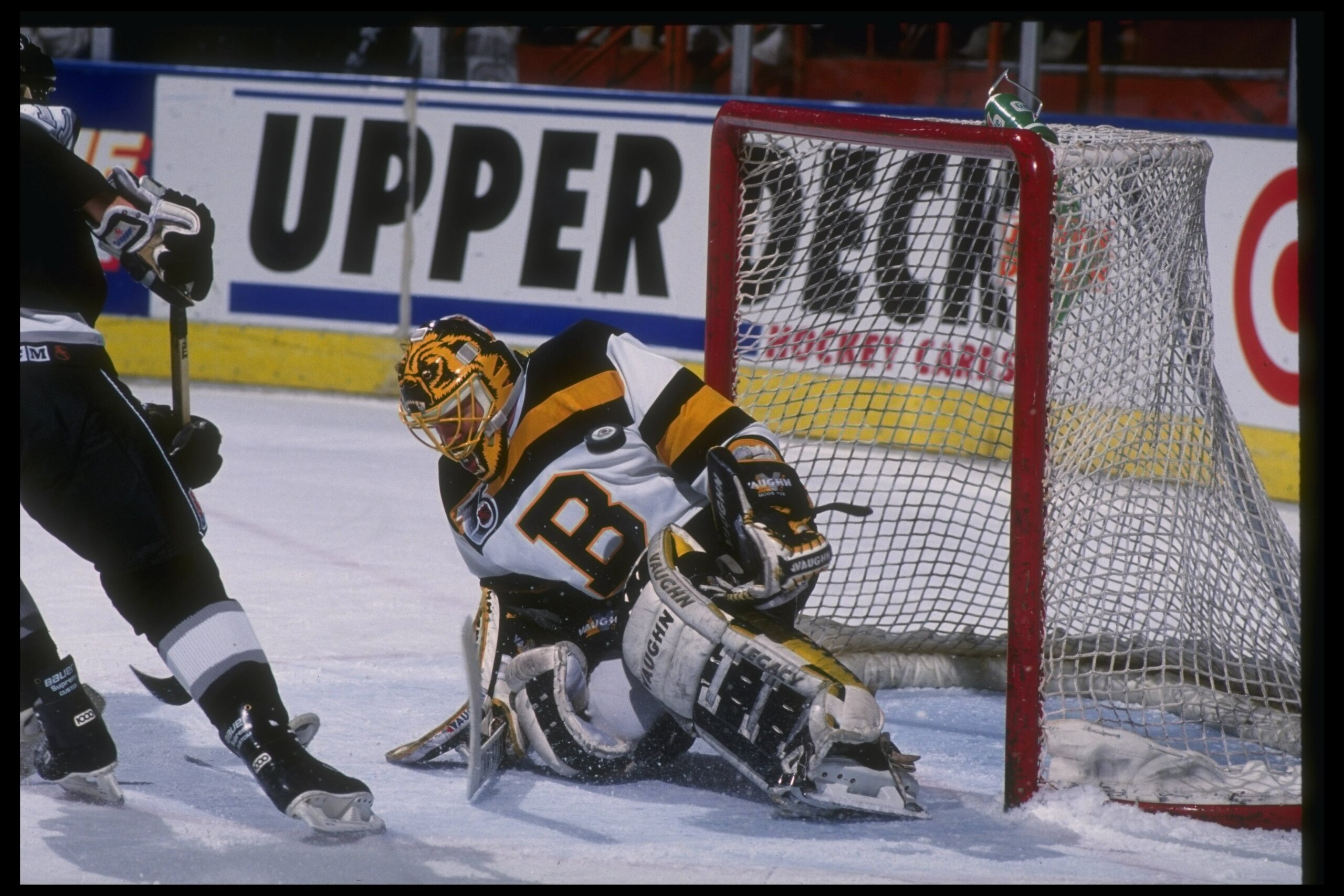 17 Feb 1992: Goaltender Andy Moog of the Boston Bruins on the ice during a game against the Los Angeles Kings at the Great Western Forum in Inglewood, California.