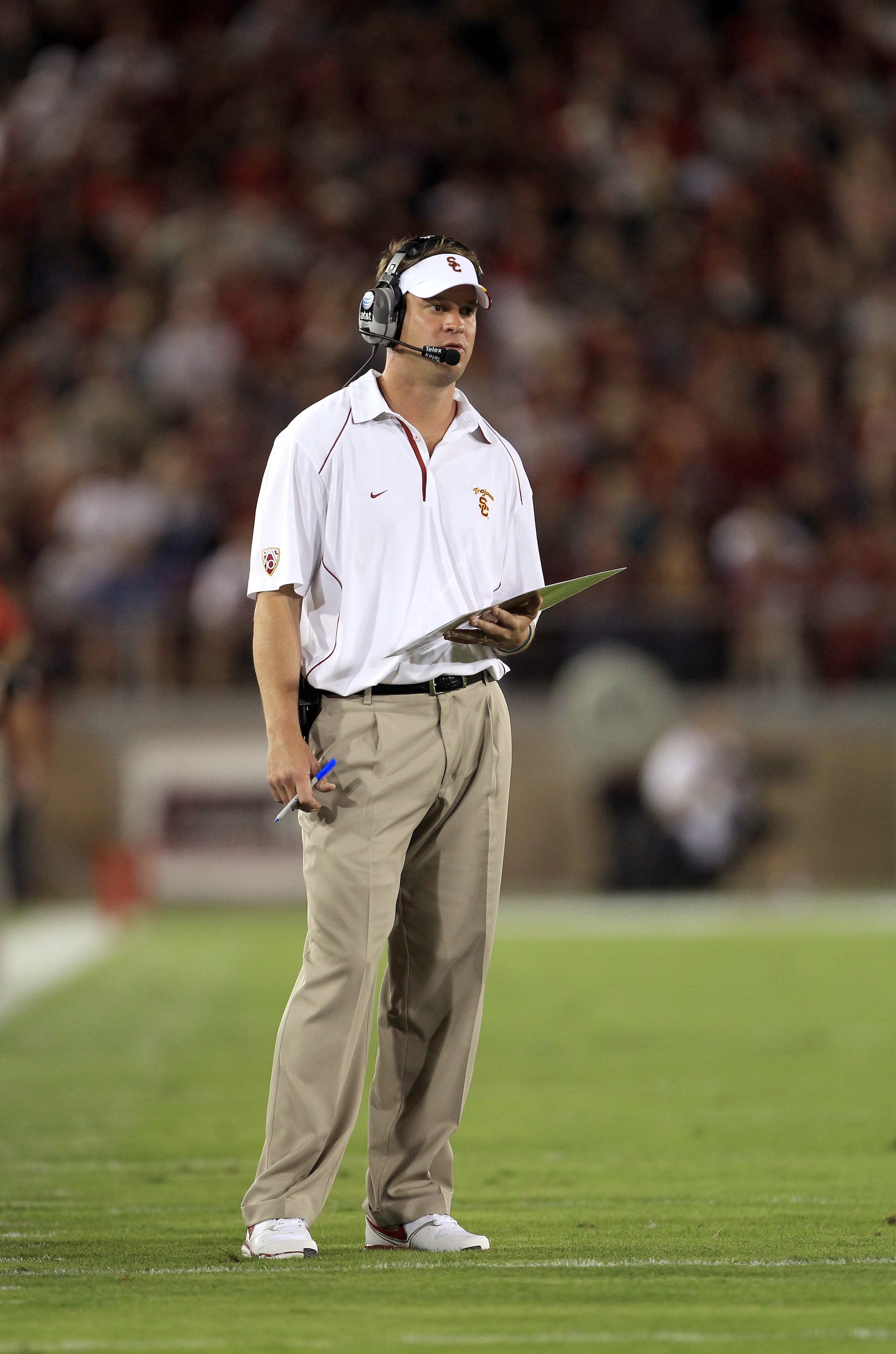 PALO ALTO, CA - OCTOBER 09:  USC Trojans head coach Lane Kiffin stands on the sidelines during their game against the Stanford Cardinal at Stanford Stadium on October 9, 2010 in Palo Alto, California.  (Photo by Ezra Shaw/Getty Images)