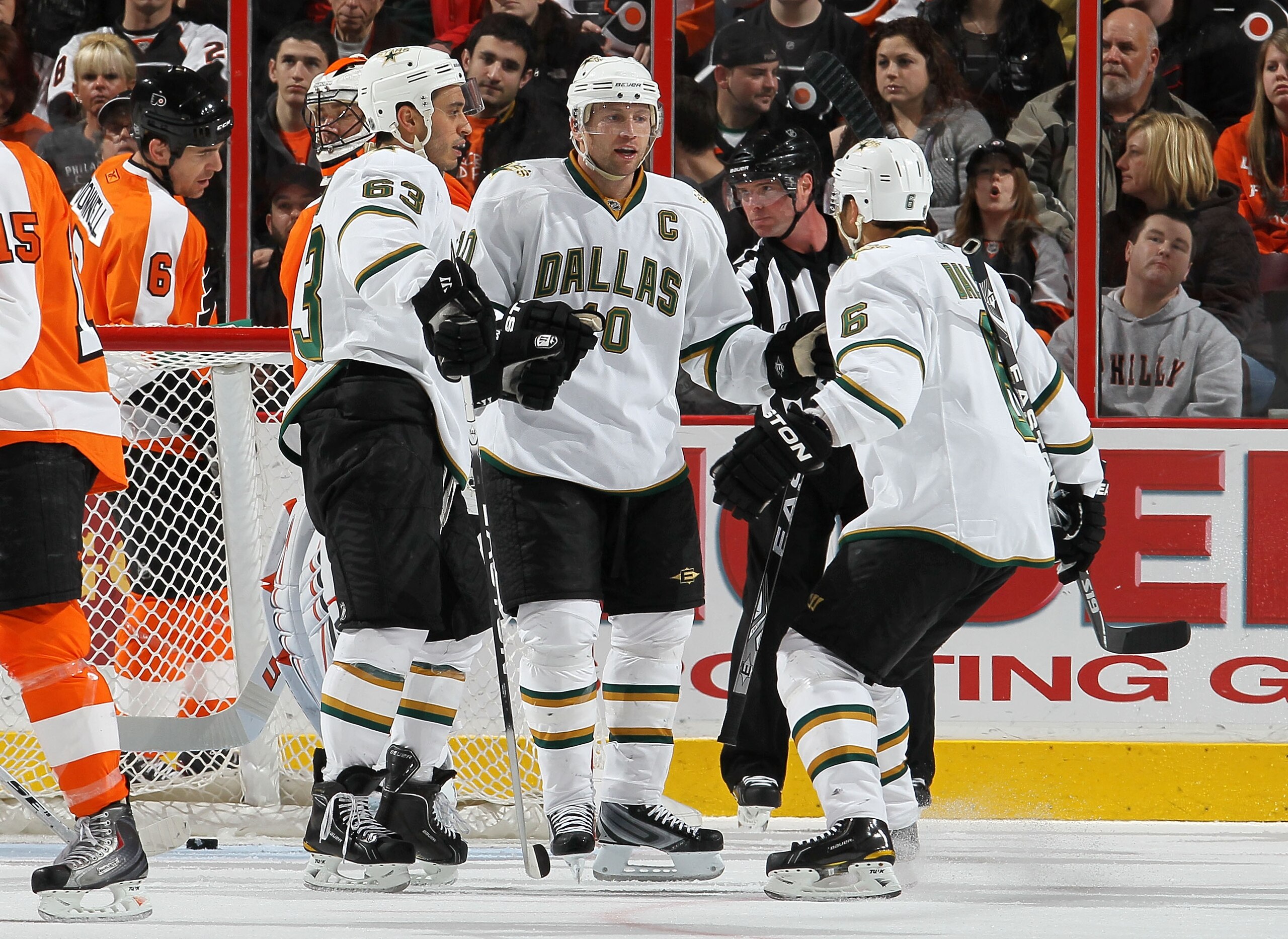 PHILADELPHIA, PA - FEBRUARY 05:  Brenden Morrow #10 of the Dallas Stars celebrates his second period goal against the Philadelphia Flyers with teammates Mike Ribeiro #63 and Trevor Daley #6 on February 5, 2011 at Wells Fargo Center in Philadelphia, Pennsy