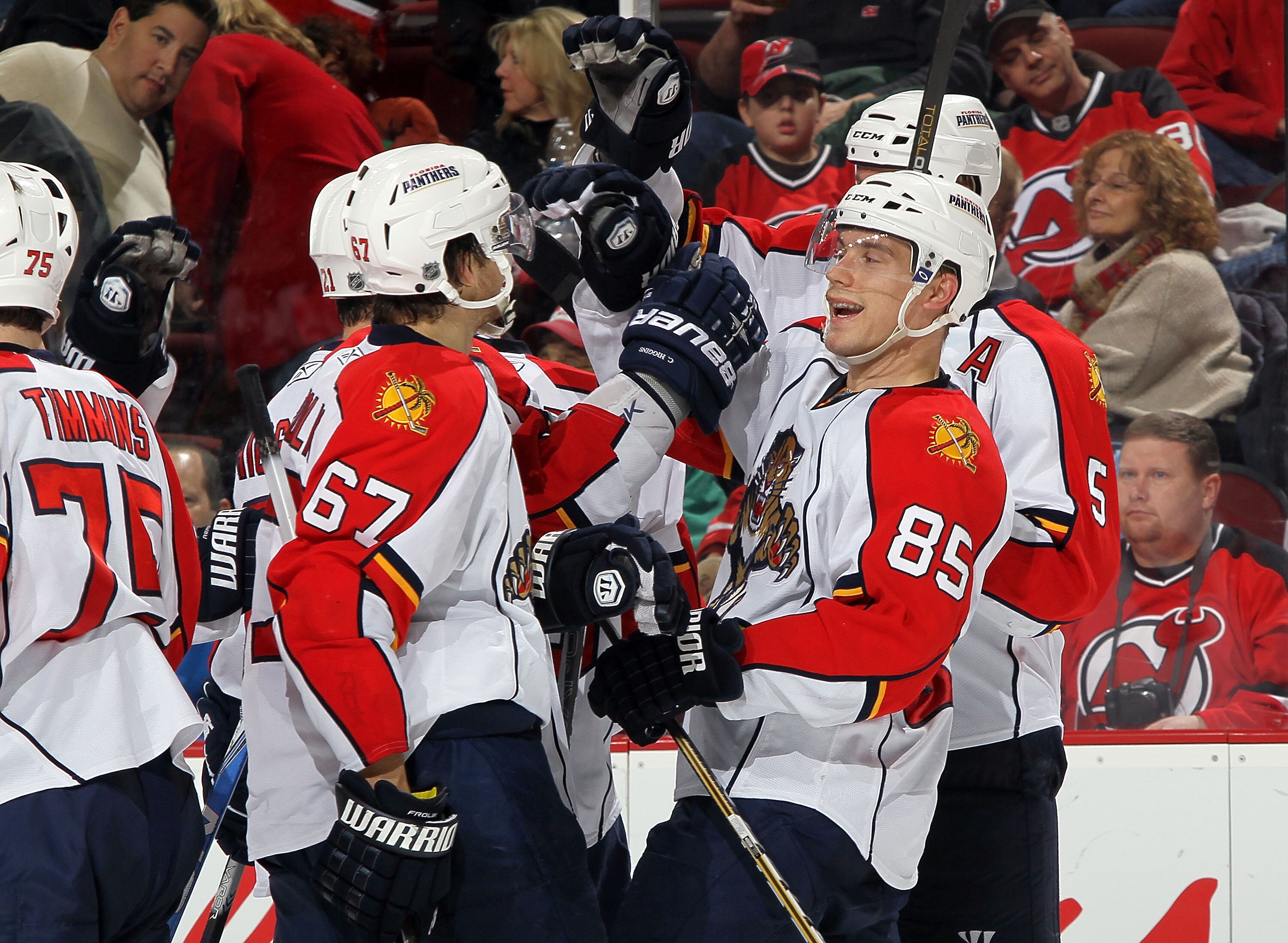 NEWARK, NJ - FEBRUARY 04:  Rostislav Olesz #85 of the Florida Panthers celebrates his overtime goal against the New Jersey Devils with his teammates at the Prudential Center on February 4, 2011 in Newark, New Jersey. Florida defeated the Devils 4-3 in ove