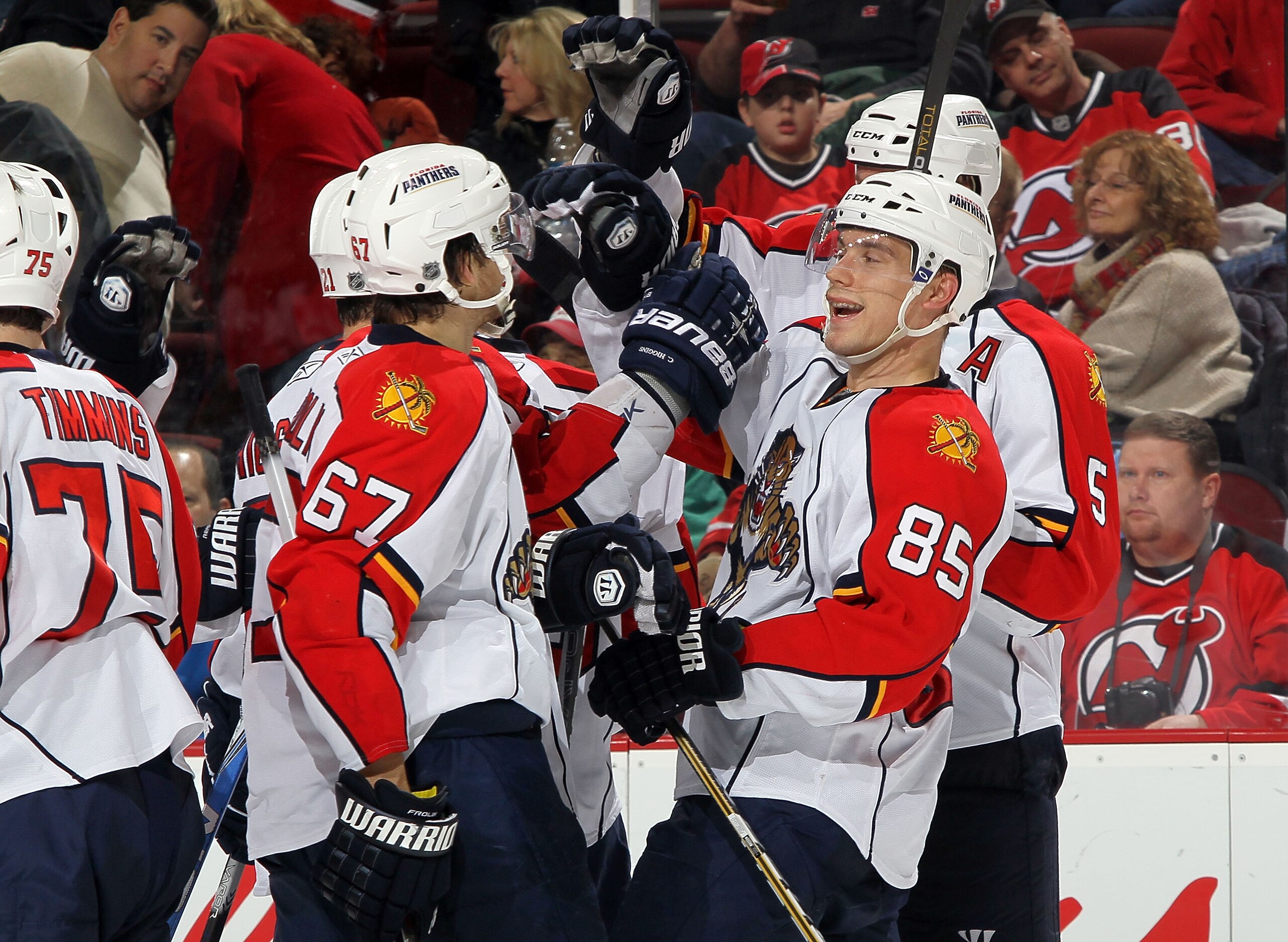 NEWARK, NJ - FEBRUARY 04:  Rostislav Olesz #85 of the Florida Panthers celebrates his overtime goal against the New Jersey Devils with his teammates at the Prudential Center on February 4, 2011 in Newark, New Jersey. Florida defeated the Devils 4-3 in ove