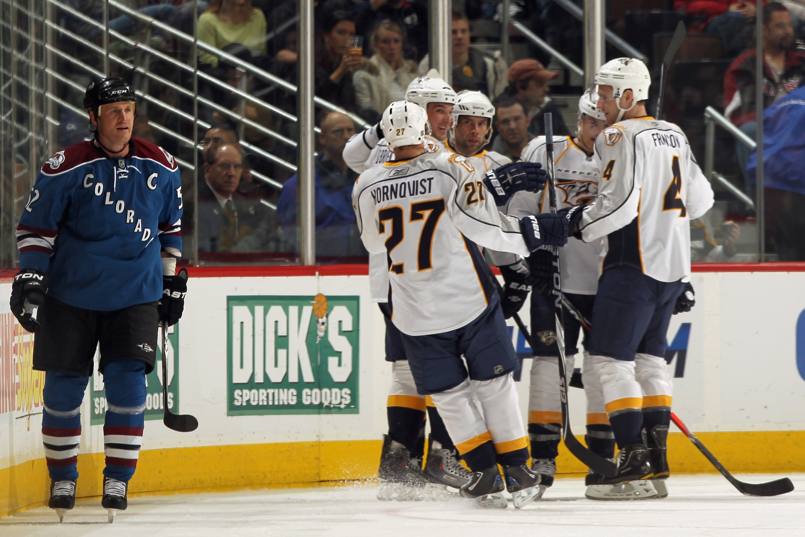 DENVER, CO - JANUARY 20:  The Nashville Predators celebrate a goal against the Colorado Avalanche at the Pepsi Center on January 20, 2011 in Denver, Colorado. The Predators defeated the Avalanche 5-1.  (Photo by Doug Pensinger/Getty Images)
