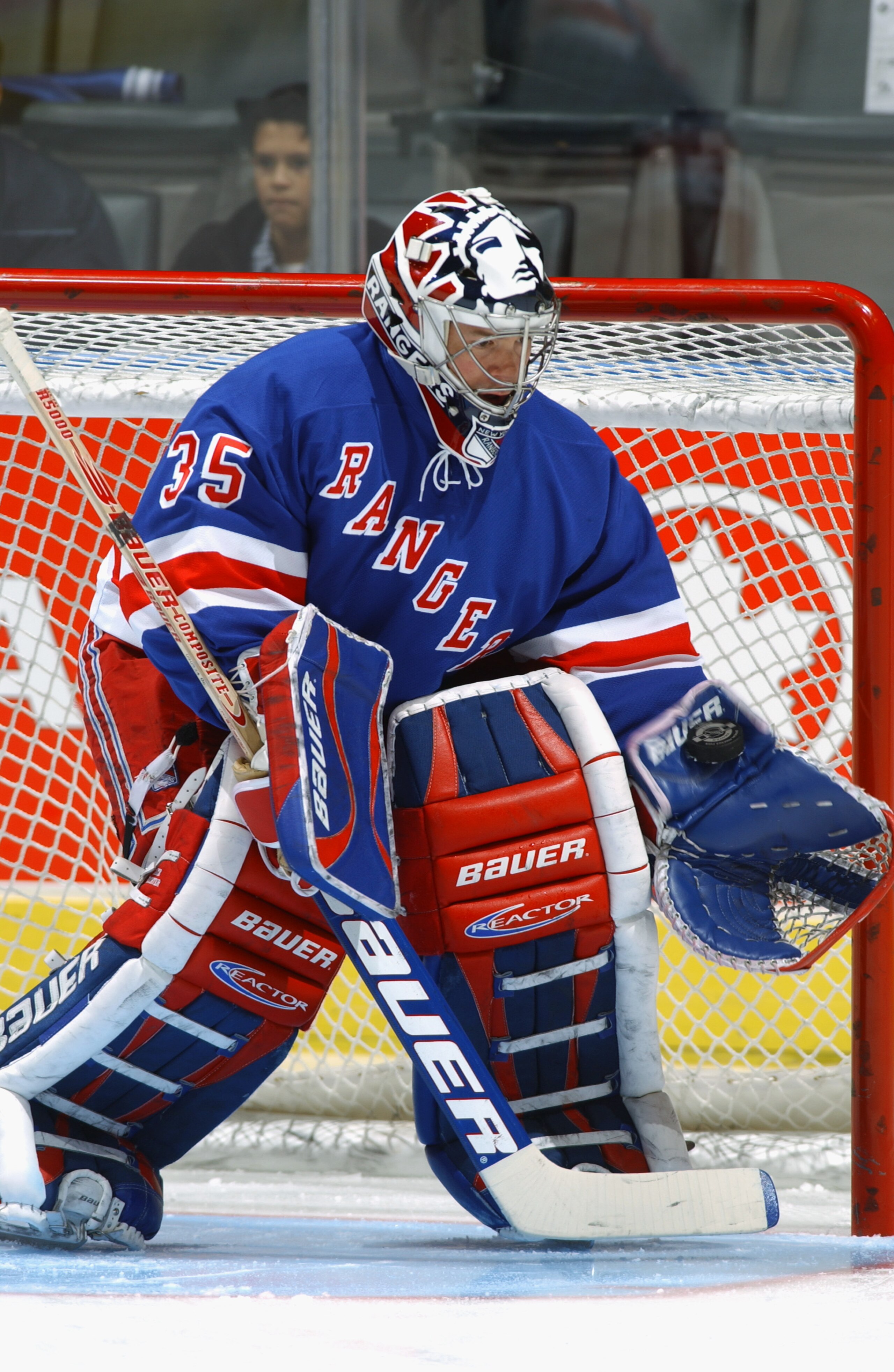 TORONTO - OCTOBER 26:  Goaltender Mike Richter #35 of the New York Rangers takes shots in warm-ups before the NHL game against the Toronto Maple Leafs on October 26, 2002 at the Air Canada Centre,Toronto, Canada.  The Rangers won 4-3.  (Photo by Dave Sand