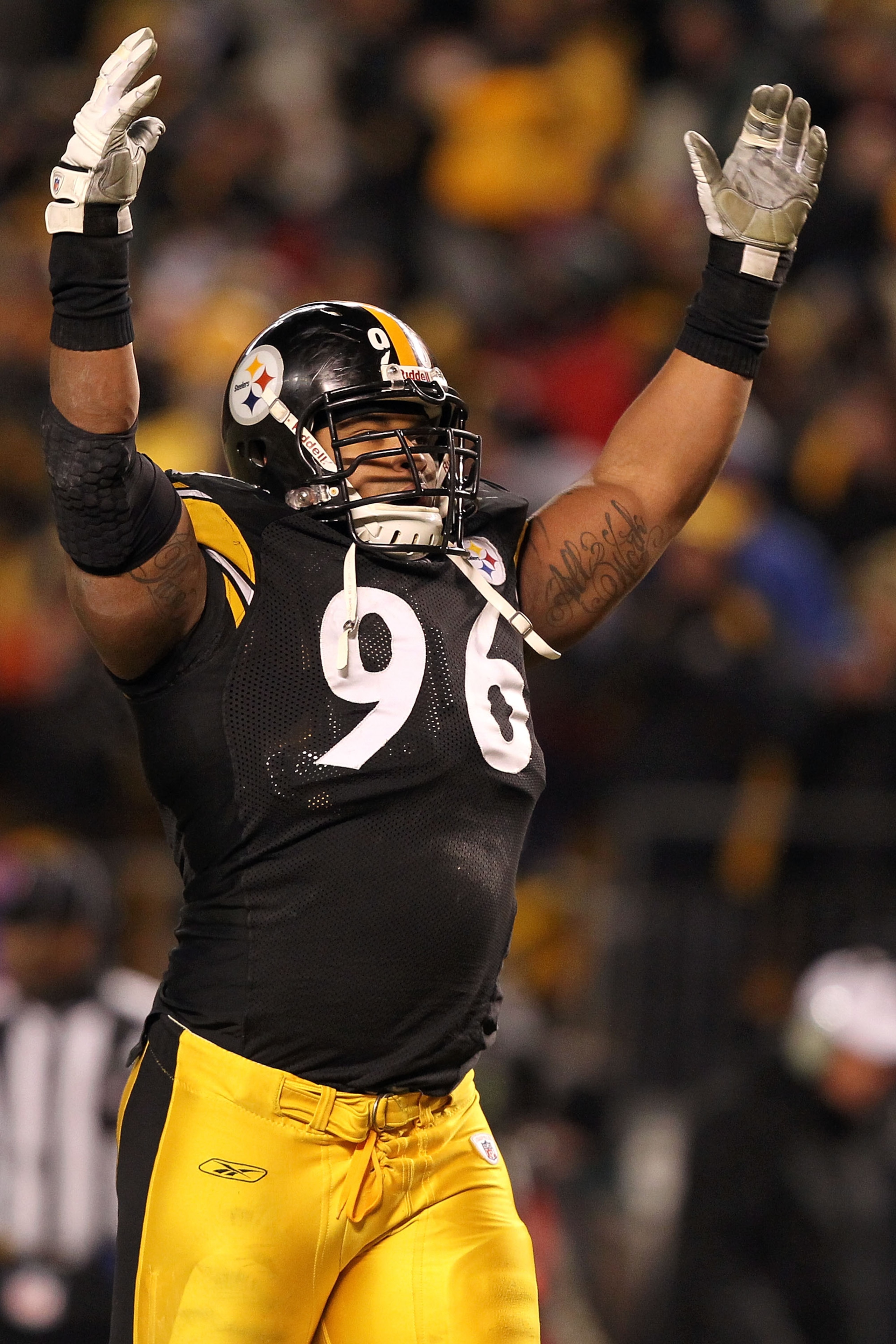 PITTSBURGH, PA - JANUARY 23: Ziggy Hood #96 of the Pittsburgh Steelers celebrates William Gay's second quarter touchdown scored after Mark Sanchez #6 of the New York Jets fumbled during the 2011 AFC Championship game at Heinz Field on January 23, 2011 in PITTSBURGH, PA - JANUARY 23: Ziggy Hood #96 of the Pittsburgh Steelers celebrates William Gay's second quarter touchdown scored after Mark Sanchez #6 of the New York Jets fumbled during the 2011 AFC Championship game at Heinz Field on January 23, 2011 in