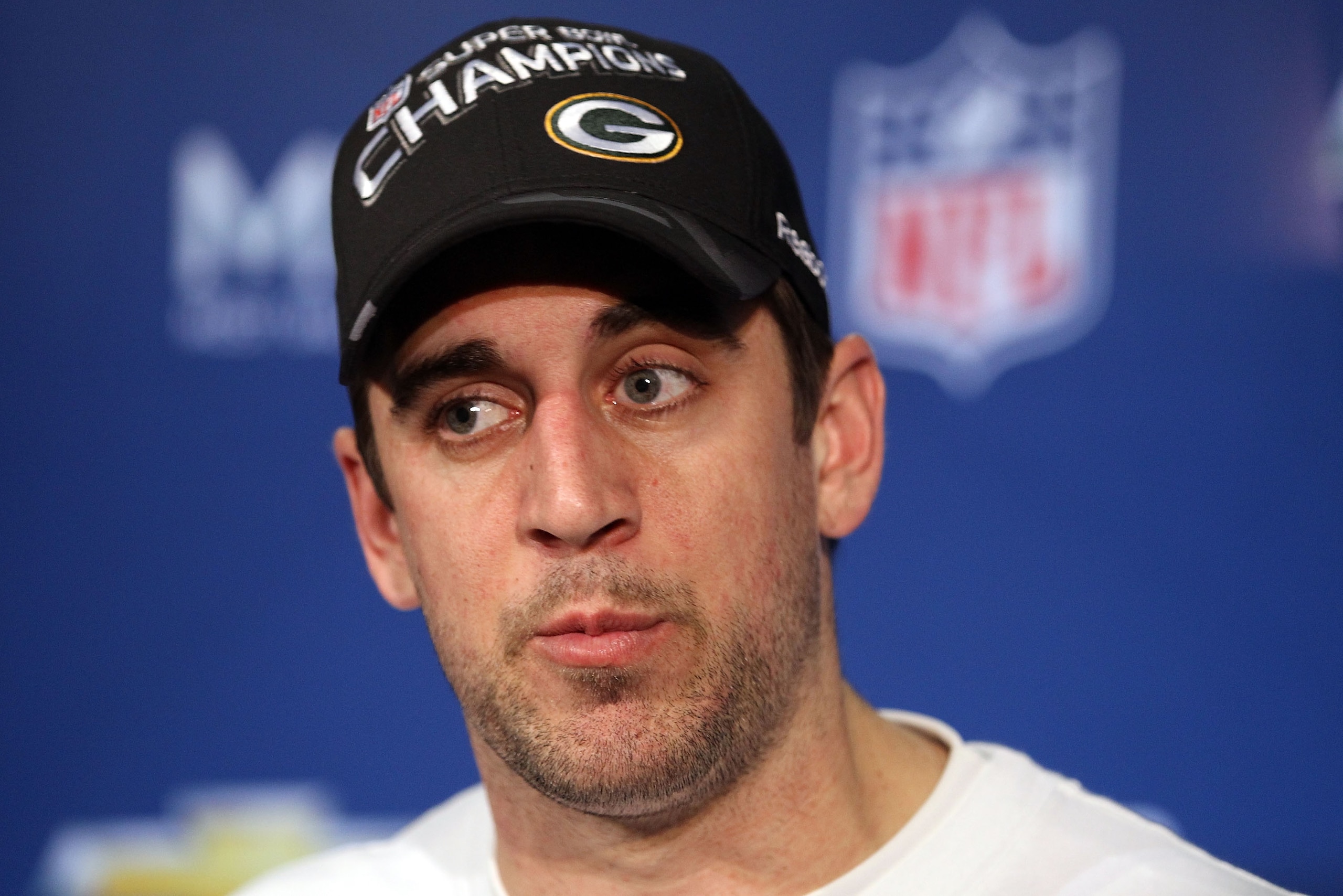 ARLINGTON, TX - FEBRUARY 06:  Super Bowl MVP Aaron Rodgers #12 of the Green Bay Packers is interviewed after they defeated the Pittsburgh Steelers 31 to 25 in Super Bowl XLV at Cowboys Stadium on February 6, 2011 in Arlington, Texas.  (Photo by Ronald Mar