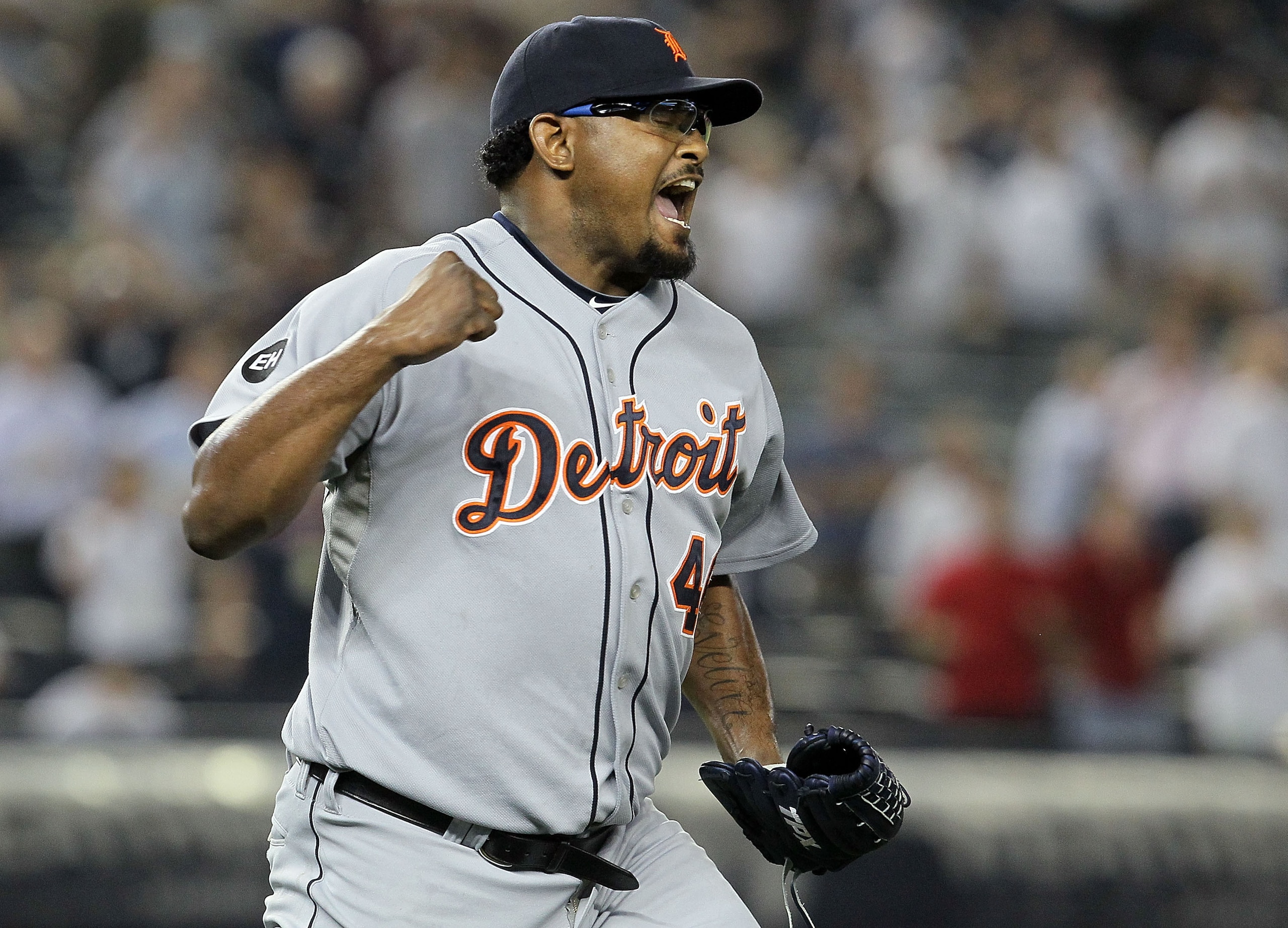 NEW YORK - AUGUST 16: Jose Valverde #46 of the Detroit Tigers celebrates the final out of the game against the New York Yankees on August 16, 2010 at Yankee Stadium in the Bronx borough of New York City. The Tigers defeated the Yankees 3-1.  (Photo by Jim