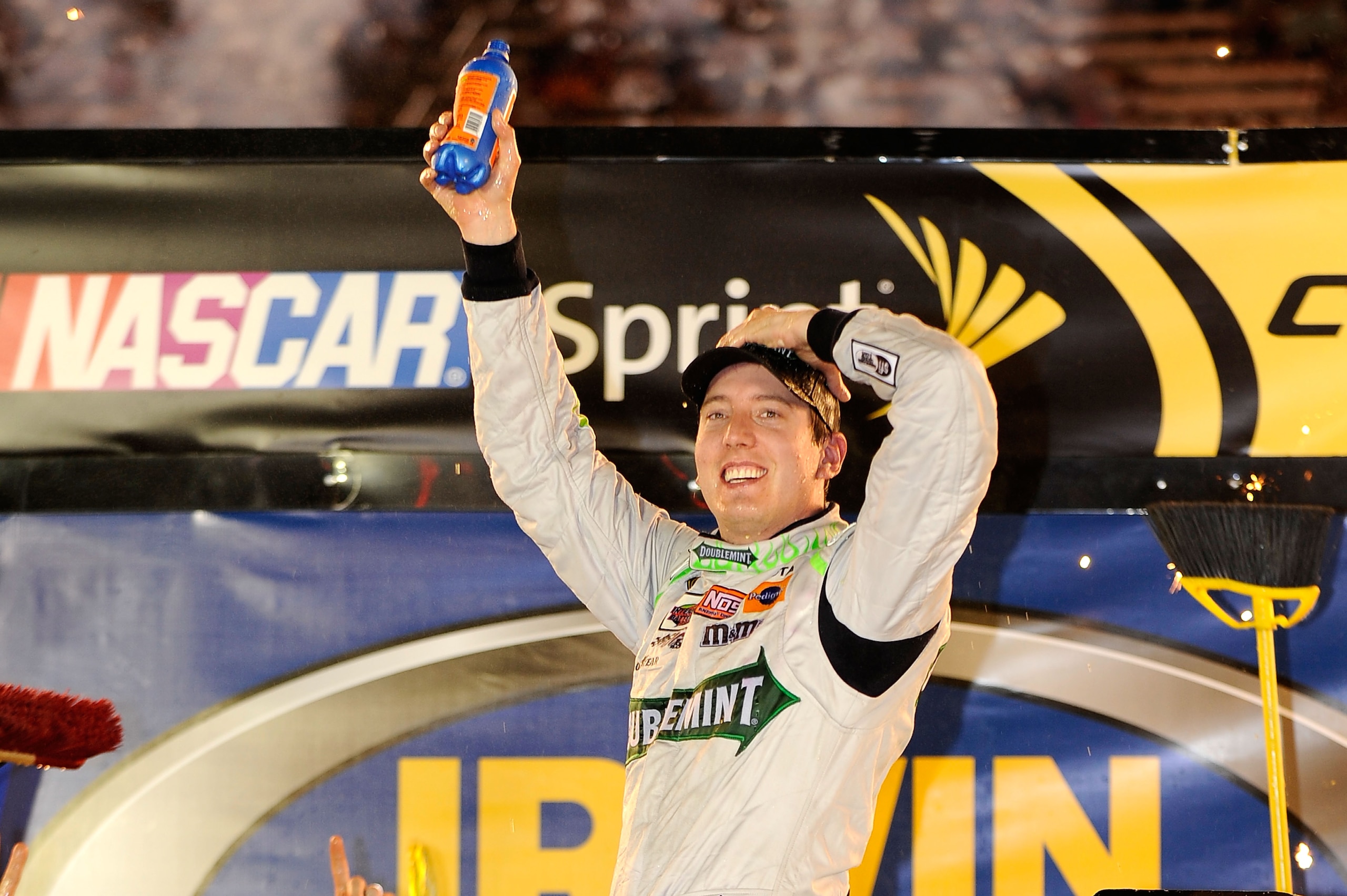 BRISTOL, TN - AUGUST 21:  Kyle Busch, driver of the #18 Doublemint Toyota, celebrates in Victory Lane after winning the NASCAR Sprint Cup Series IRWIN Tools Night Race at Bristol Motor Speedway on August 21, 2010 in Bristol, Tennessee.  (Photo by Rusty Ja