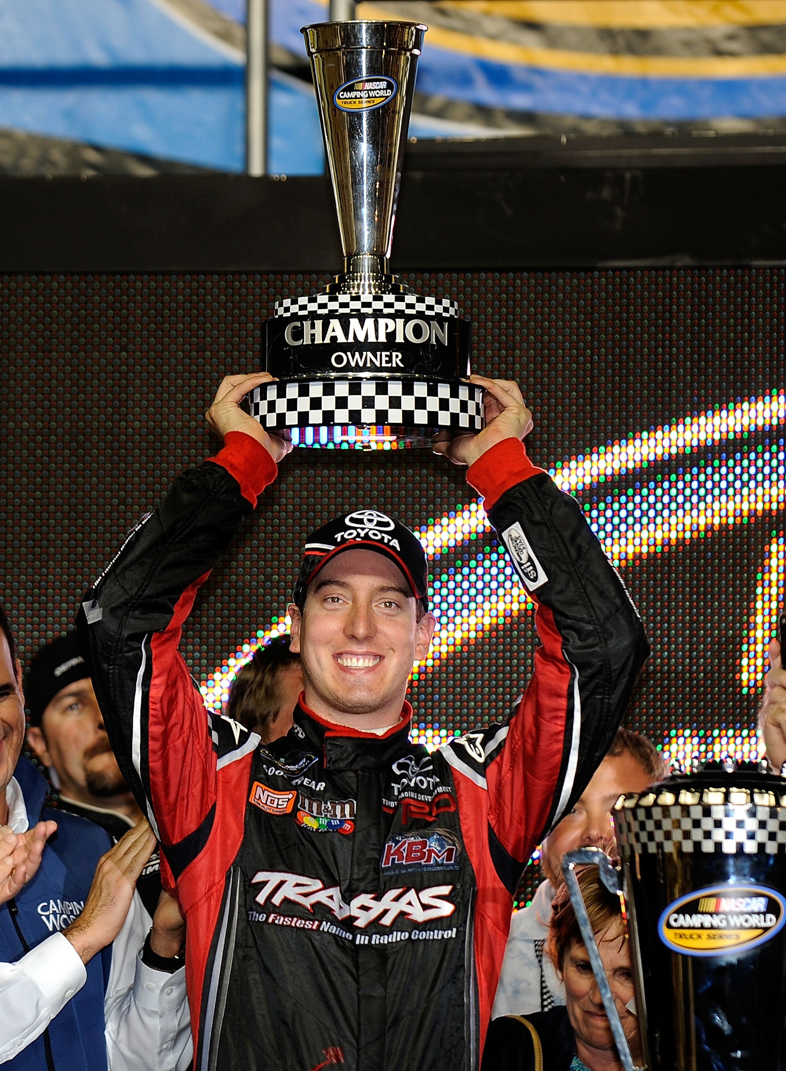 HOMESTEAD, FL - NOVEMBER 19:  Kyle Busch, driver of the #18 Toyota Tundra/TRAXXAS Toyota, celebrates winning the NASCAR Camping World Truck Series owners championship following the Ford 200 at Homestead-Miami Speedway on November 19, 2010 in Homestead, Fl