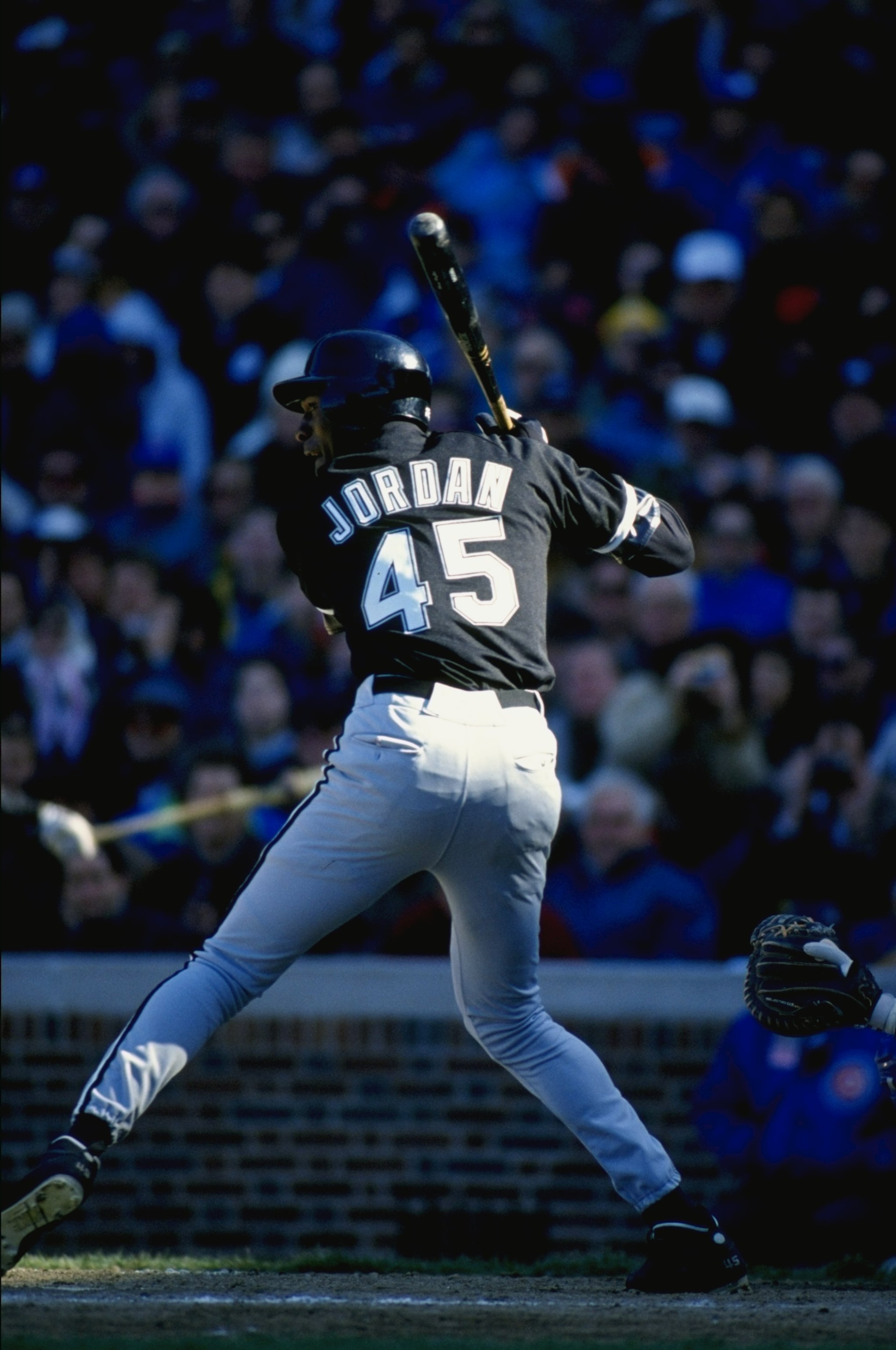 CHICAGO, IL - APRIL 7:  Michael Jordan #45 of the Chicago White Sox bats during a spring training game against the Chicago Cubs on April 7, 1994 at Wrigley Field in Chicago, Illinois.  (Photo by Jonathan Daniel/Getty Images)