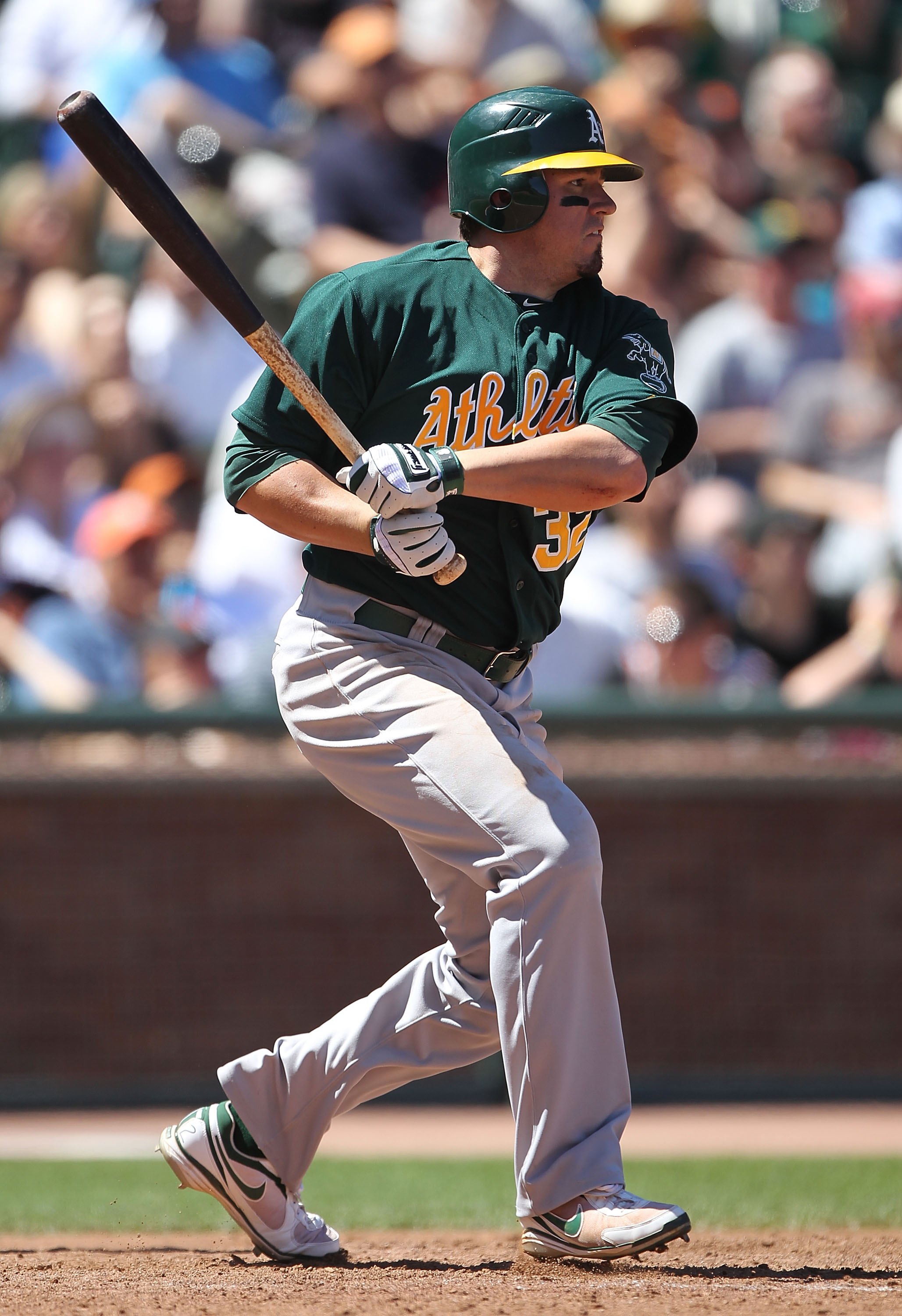 SAN FRANCISCO - JUNE 13:  Jack Cust #32 of the Oakland Athletics bats against the San Francisco Giants during an MLB game at AT&T Park on June 13, 2010 in San Francisco, California.  (Photo by Jed Jacobsohn/Getty Images)