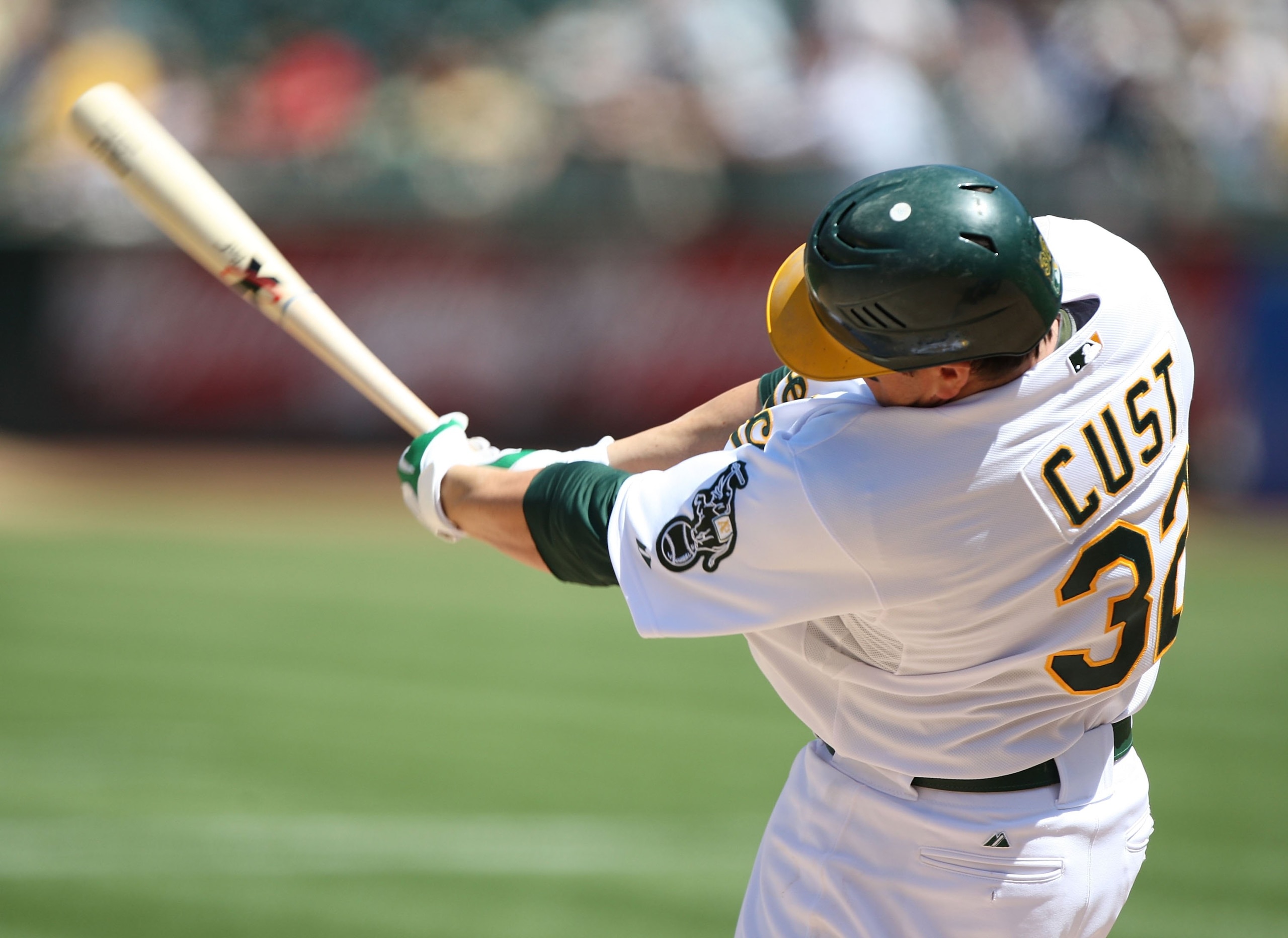 OAKLAND, CA - MAY 07:  Jack Cust #32 of the Oakland Athletics bats against the Texas Rangers during a Major League Baseball game on May 7, 2009 at the Oakland Coliseum in Oakland, California.  (Photo by Jed Jacobsohn/Getty Images)