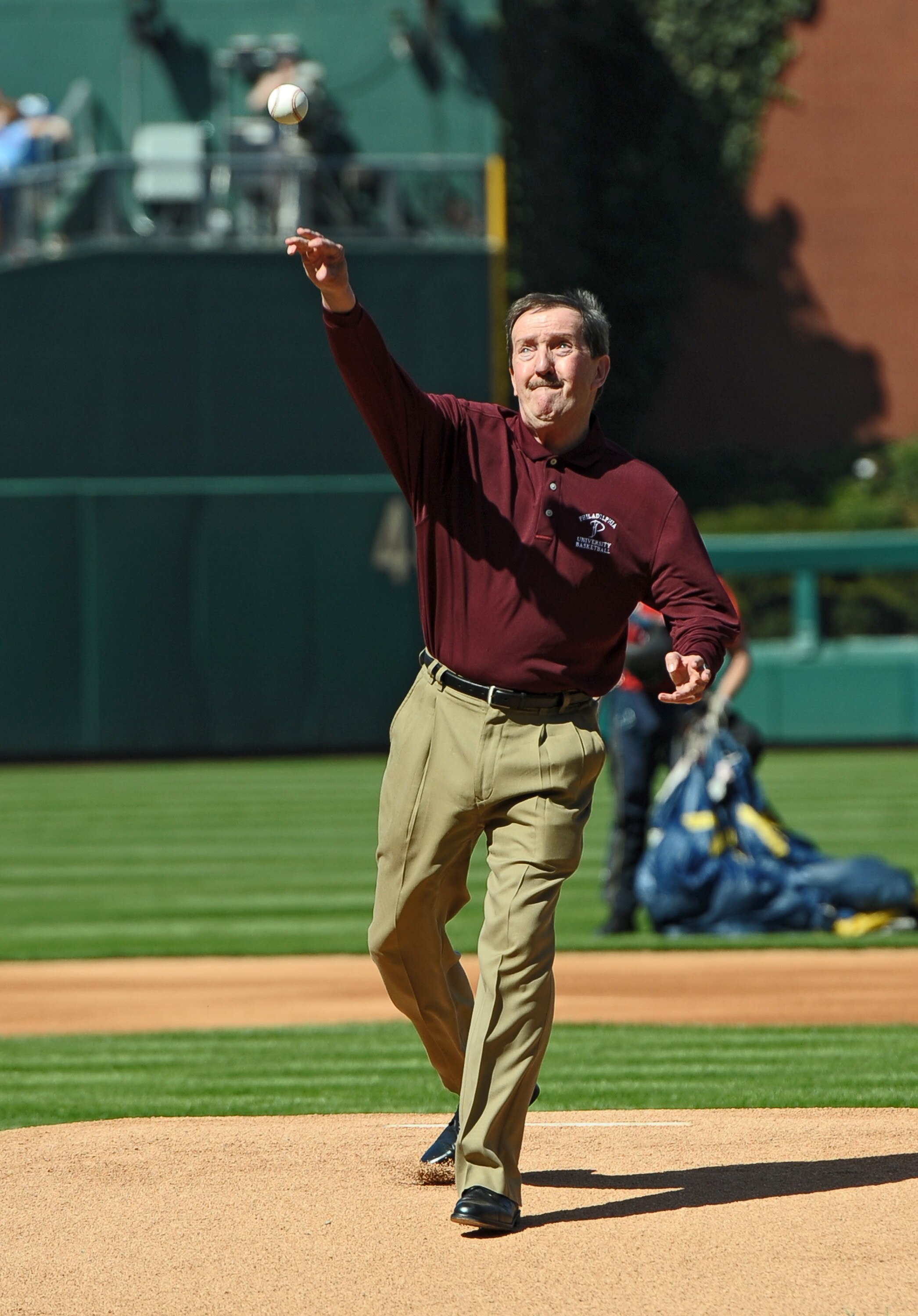 PHILADELPHIA - APRIL 12: Coach Herb Magee of Philadelphia University throws out the ceremonial first pitch before the game between the Washington Nationals and Philadelphia Phillies on Opening Day at Citizens Bank Park on April 12, 2010 in Philadelphia, P