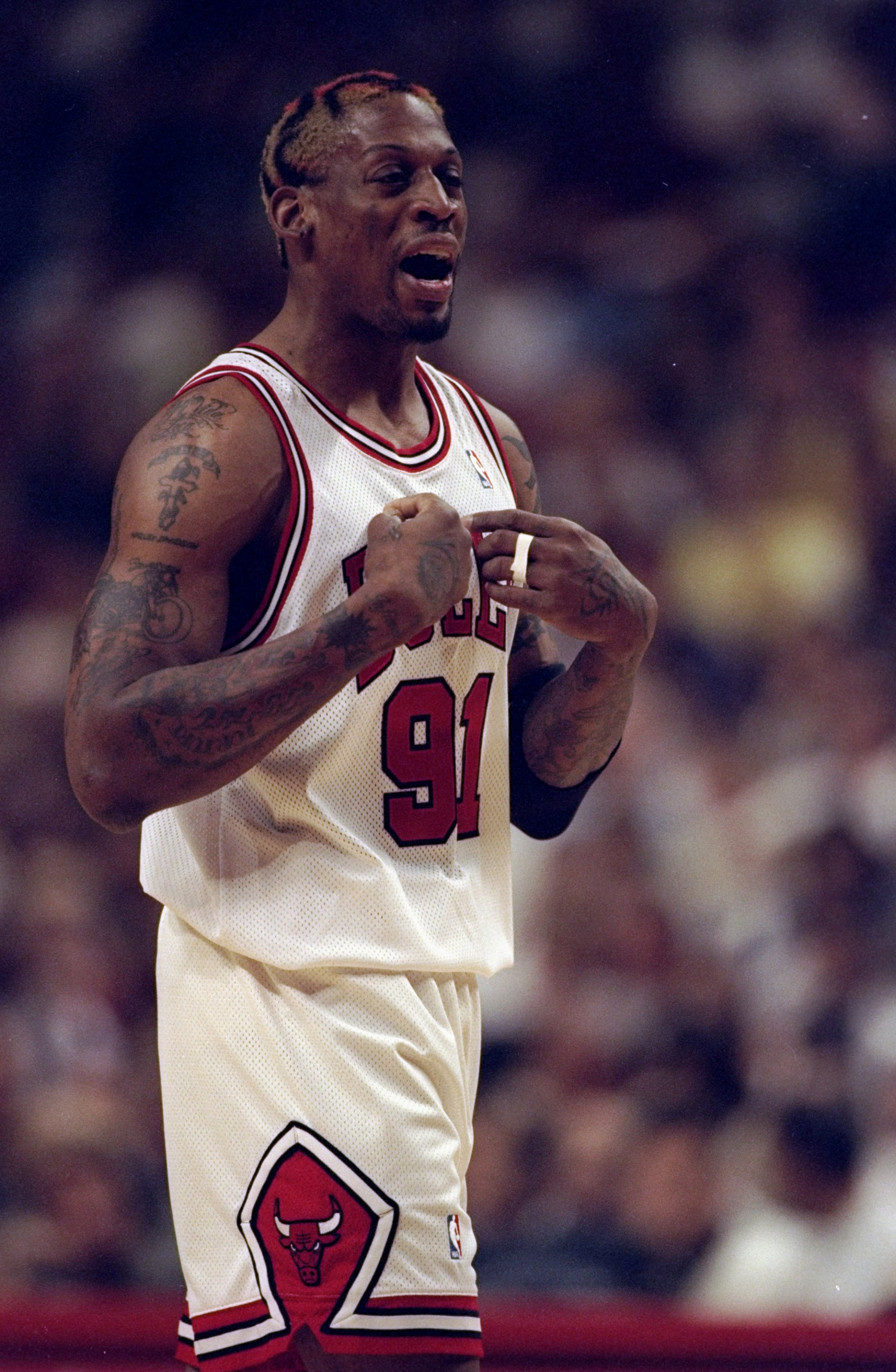 17 May 1998: Dennis Rodman #91 of the Chicago Bulls during the NBA Eastern Conference Finals at the United Center in Chicago, Illinois. The Jazz defeated the Lakers 112-77. Mandatory Credit: Jonathan Daniel /Allsport 17 May 1998: Dennis Rodman #91 of the Chicago Bulls during the NBA Eastern Conference Finals at the United Center in Chicago, Illinois. The Jazz defeated the Lakers 112-77. Mandatory Credit: Jonathan Daniel /Allsport