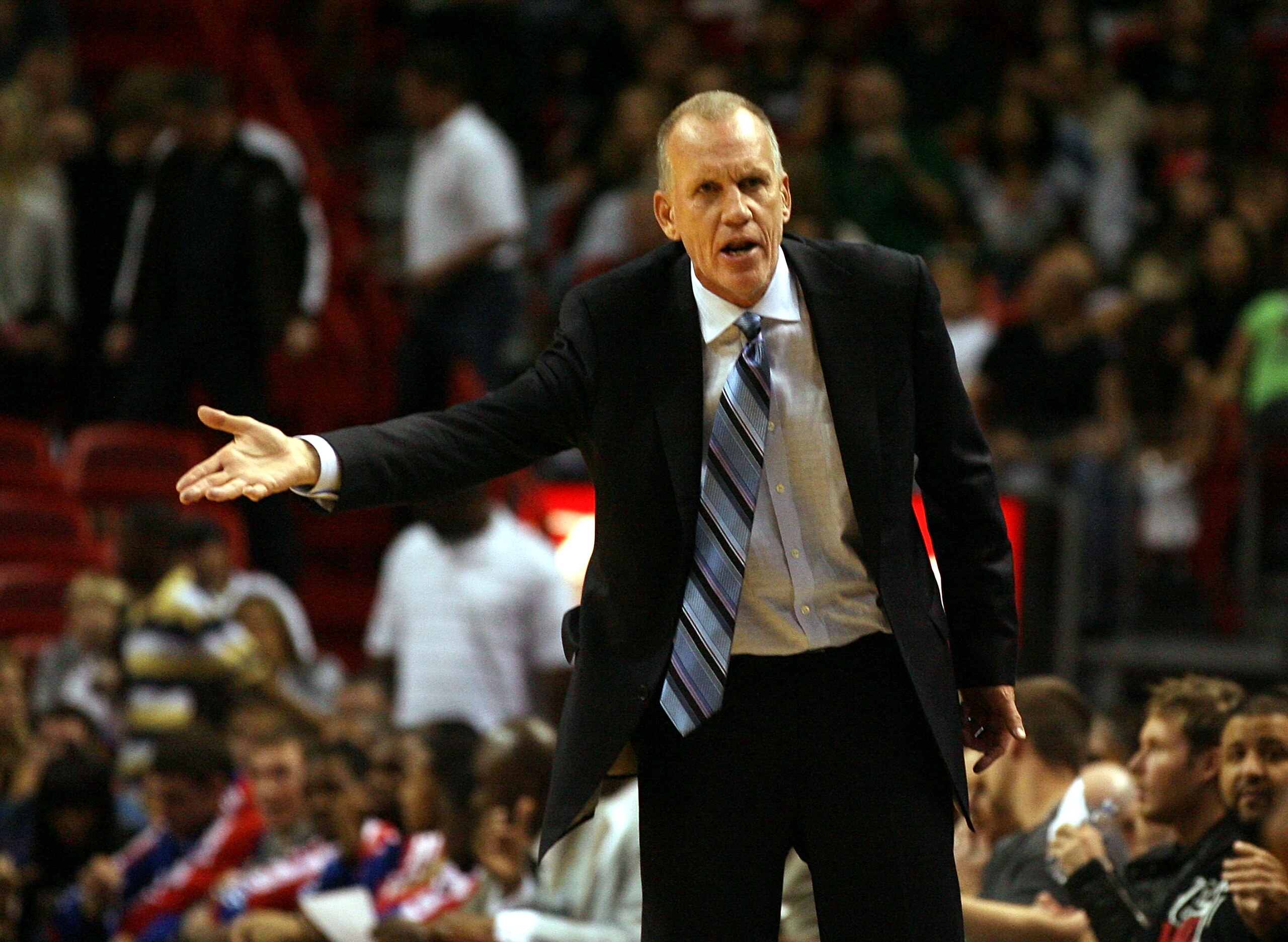 MIAMI - NOVEMBER 26:  Head coach Doug Collins of the Philadelphia 76ers reacts during the game against the Miami Heat at American Airlines Arena on November 26, 2010 in Miami, Florida.  (Photo by Marc Serota/Getty Images)