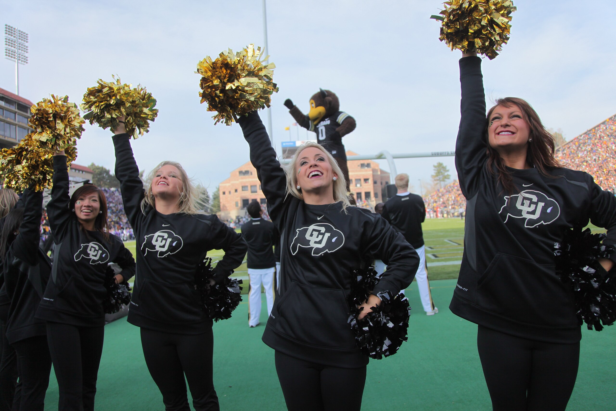 BOULDER, CO - NOVEMBER 20: The Colorado Buffaloes cheerleaders support their team as the Buffs face the Kansas State Wildcats at Folsom Field on November 20, 2010 in Boulder, Colorado. Colorado defeated Kansas State 44-36. (Photo by Doug Pensinger/Getty BOULDER, CO - NOVEMBER 20: The Colorado Buffaloes cheerleaders support their team as the Buffs face the Kansas State Wildcats at Folsom Field on November 20, 2010 in Boulder, Colorado. Colorado defeated Kansas State 44-36. (Photo by Doug Pensinger/Getty