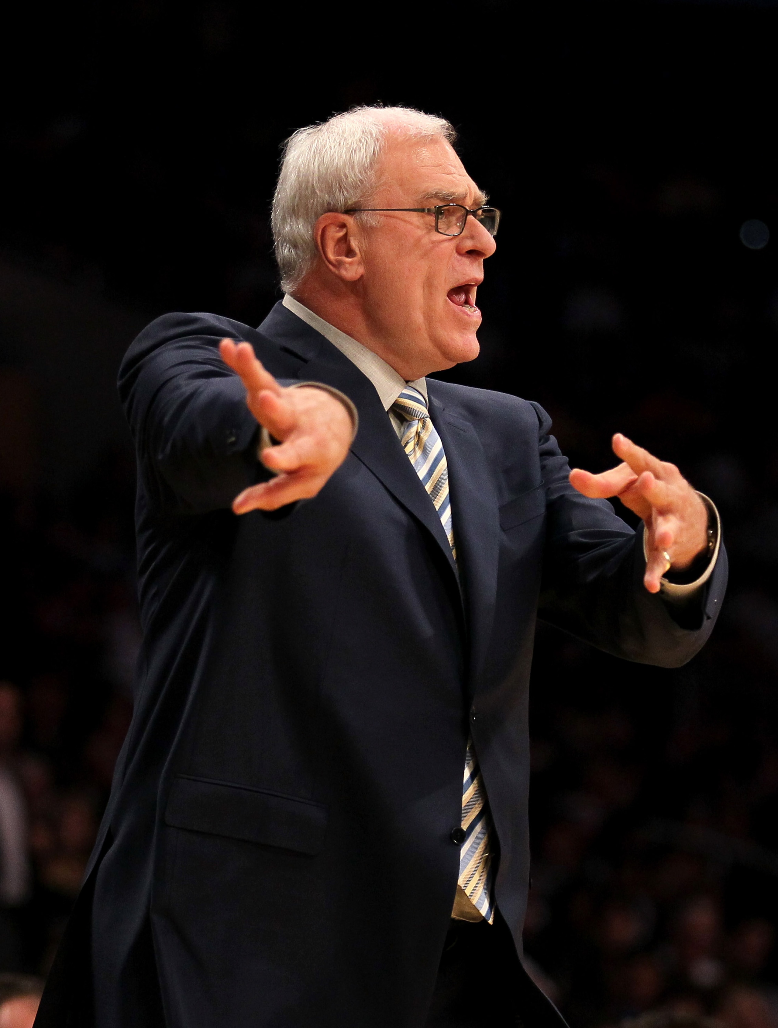 LOS ANGELES - NOVEMBER 5:  Head coach Phil Jackson of the Los Angeles Lakers gestrures during the game with the Toronto Raptors at Staples Center on November 5, 2010 in Los Angeles, California.  The Lakers won 108-102.   NOTE TO USER: User expressly ackno