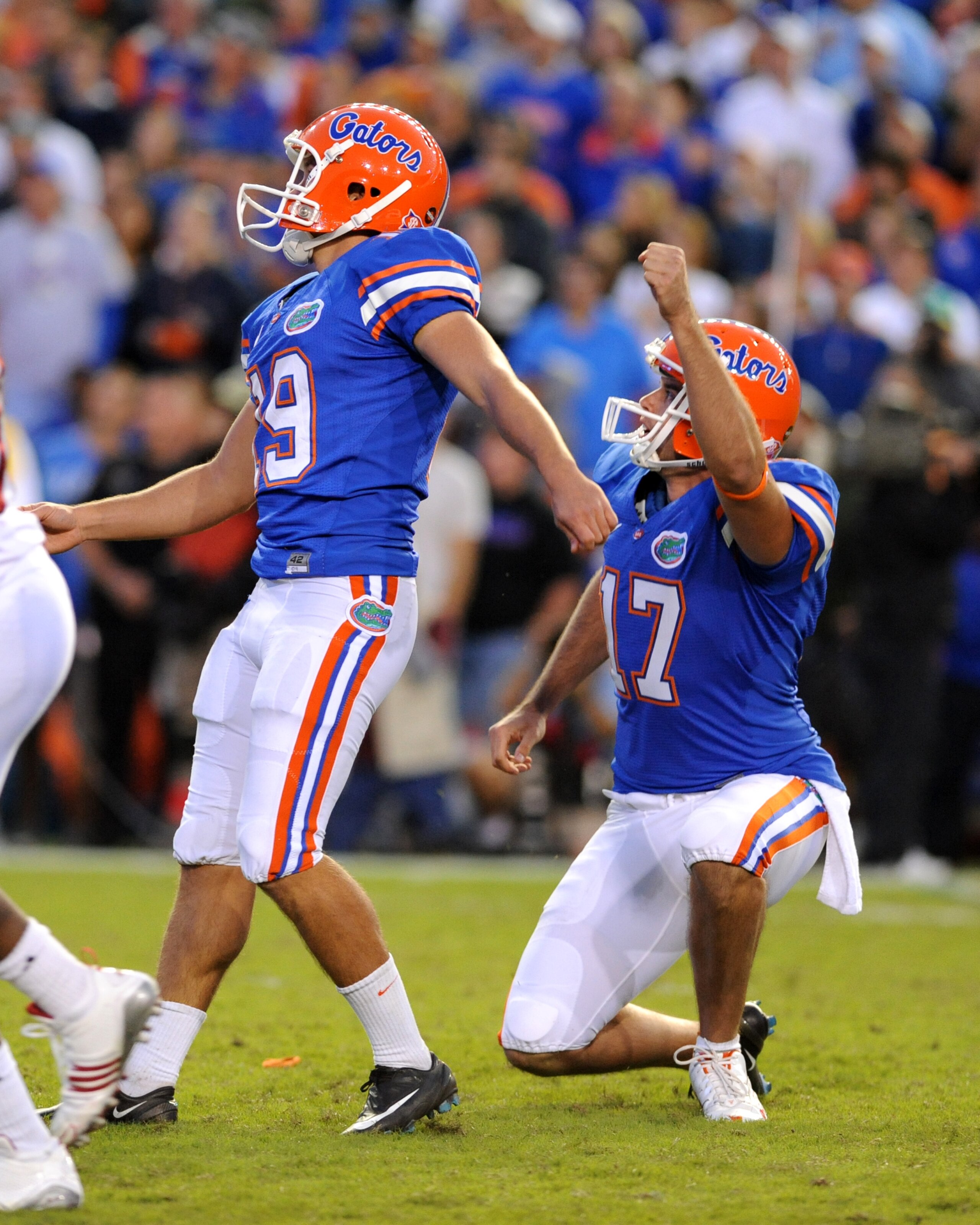 GAINESVILLE, FL - OCTOBER 17: Kicker Caleb Sturgis #19 and holder Chas Henry #17 of the Florida Gators follow a game-winning 27-yard field goal against the University of Arkansas Razorbacks October 17, 2009 at Ben Hill Griffin Stadium in Gainesville, Flor GAINESVILLE, FL - OCTOBER 17: Kicker Caleb Sturgis #19 and holder Chas Henry #17 of the Florida Gators follow a game-winning 27-yard field goal against the University of Arkansas Razorbacks October 17, 2009 at Ben Hill Griffin Stadium in Gainesville, Flor