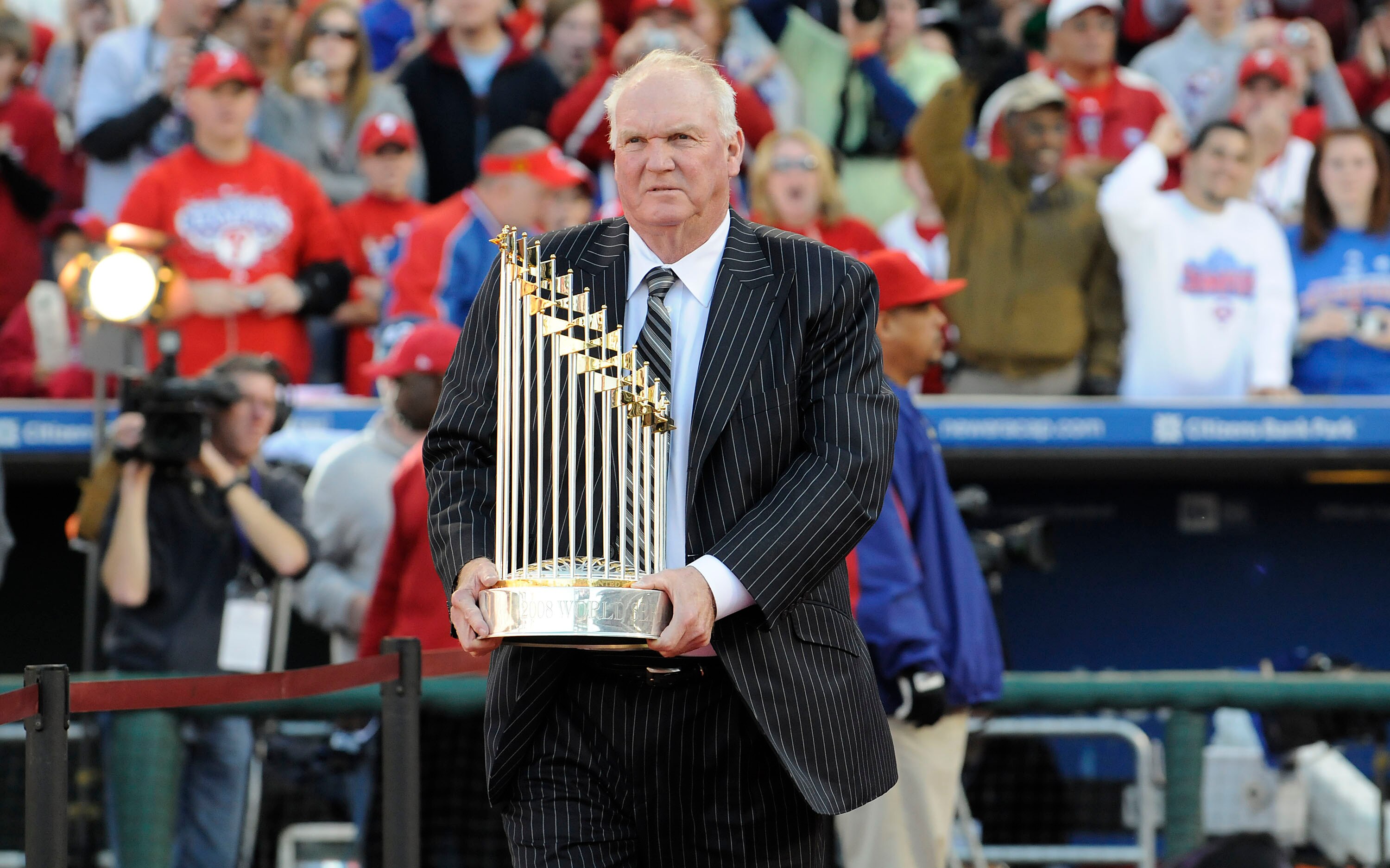 PHILADELPHIA, PA - OCTOBER 31:  Philadelphia Phillies manager Charlie Manuel holds the World Series Trophy at a victory rally at Citizens Bank Park October 31, 2008 in Philadelphia, Pennsylvania. The Phillies defeated the Tampa Bay  Rays to win their firs