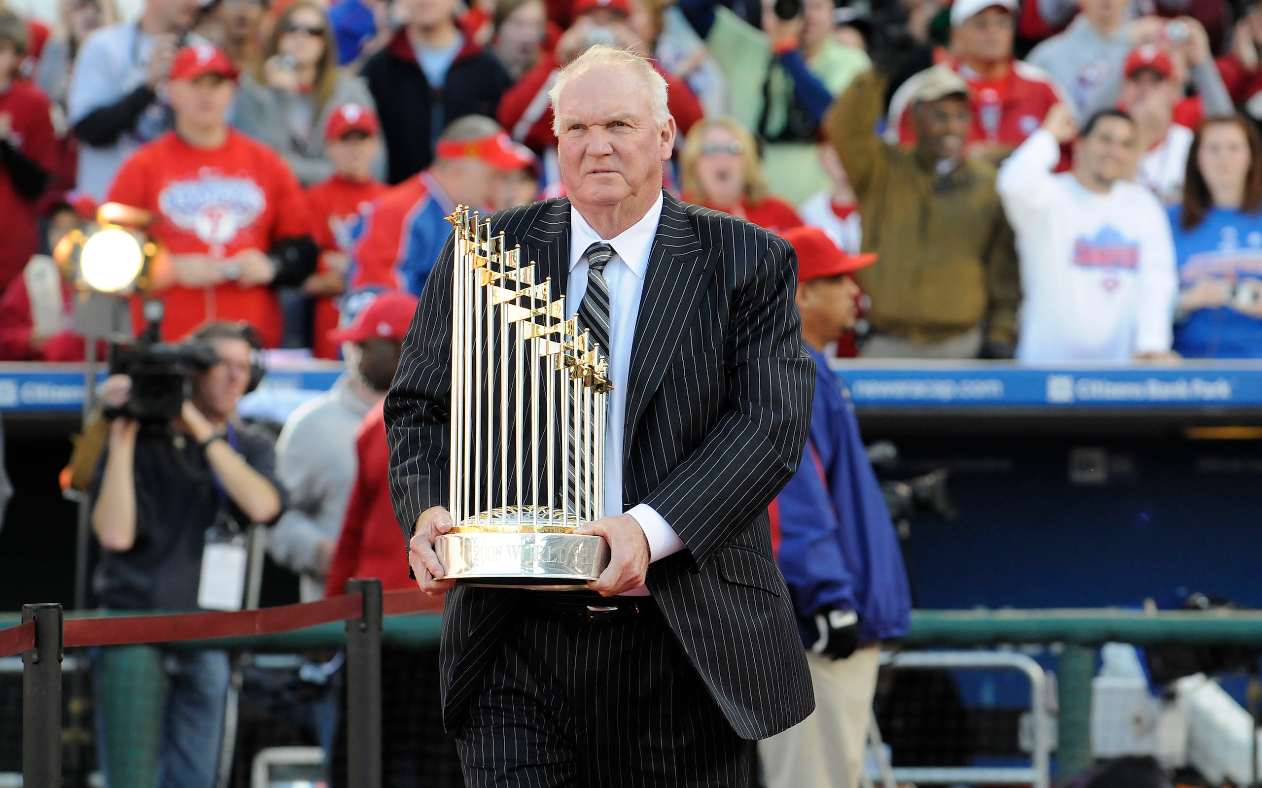 PHILADELPHIA, PA - OCTOBER 31:  Philadelphia Phillies manager Charlie Manuel holds the World Series Trophy at a victory rally at Citizens Bank Park October 31, 2008 in Philadelphia, Pennsylvania. The Phillies defeated the Tampa Bay  Rays to win their firs
