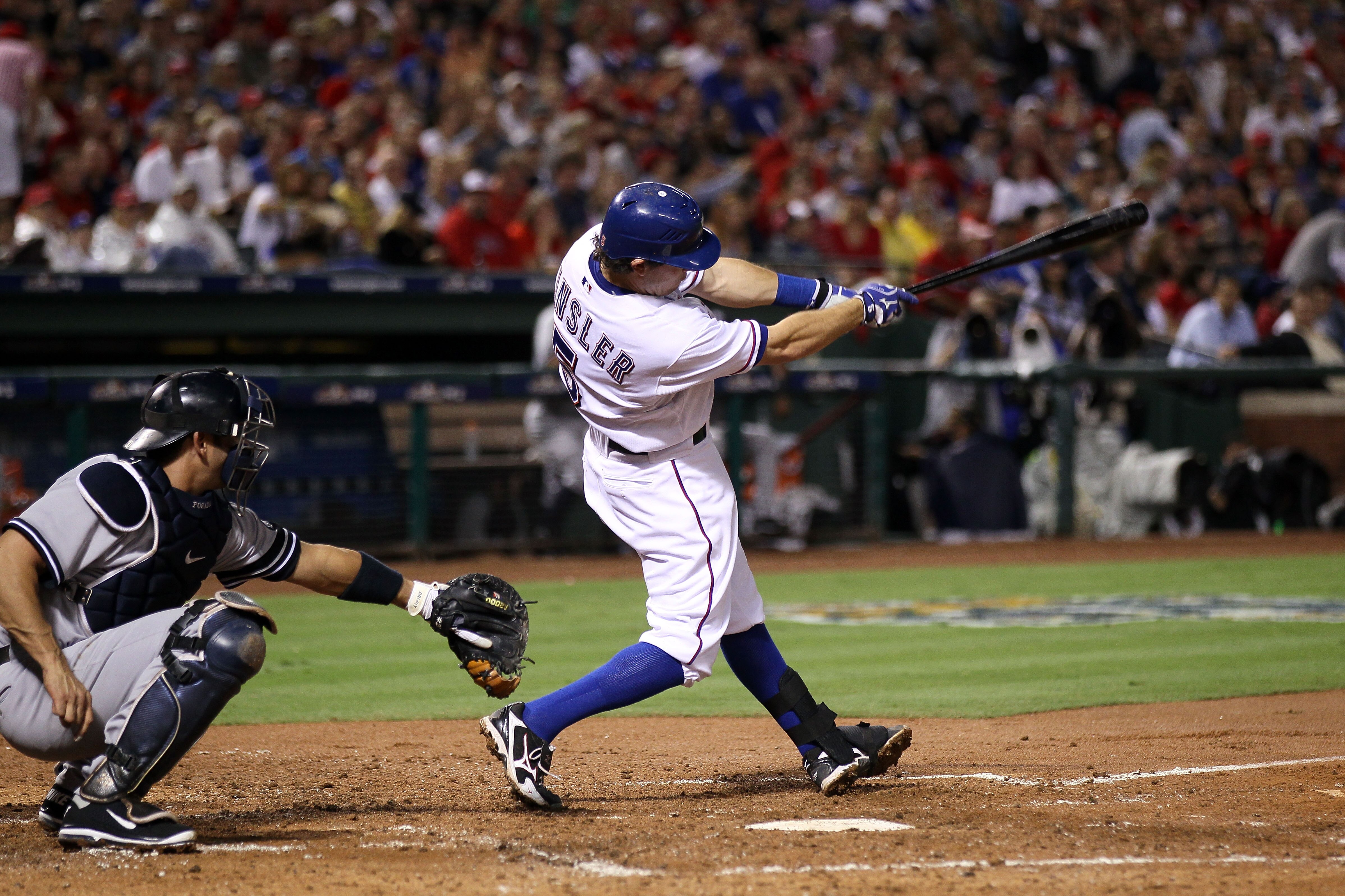 ARLINGTON, TX - OCTOBER 22:  Ian Kinsler #5 of the Texas Rangers bats against the New York Yankees in Game Six of the ALCS during the 2010 MLB Playoffs at Rangers Ballpark in Arlington on October 22, 2010 in Arlington, Texas.  (Photo by Elsa/Getty Images)