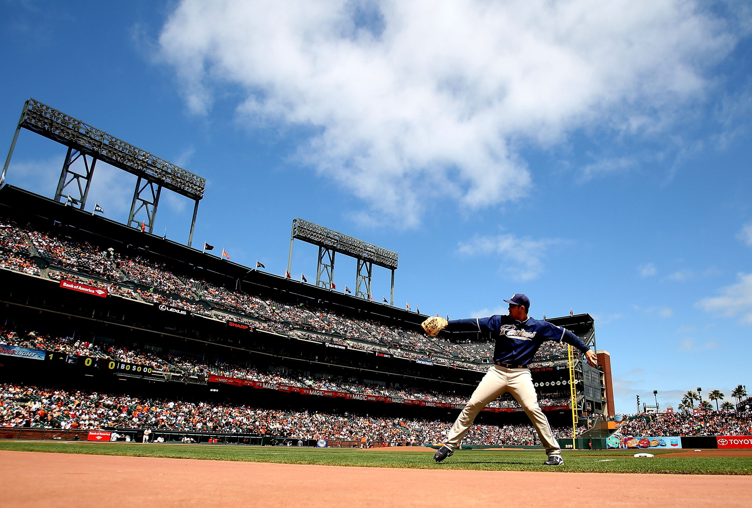 SAN FRANCISCO - AUGUST 14: Adrian Gonzalez #23 of the San Diego Padres warms up against the San Francisco Giants during an MLB game at AT&T Park on August 14, 2010 in San Francisco, California.  (Photo by Jed Jacobsohn/Getty Images)