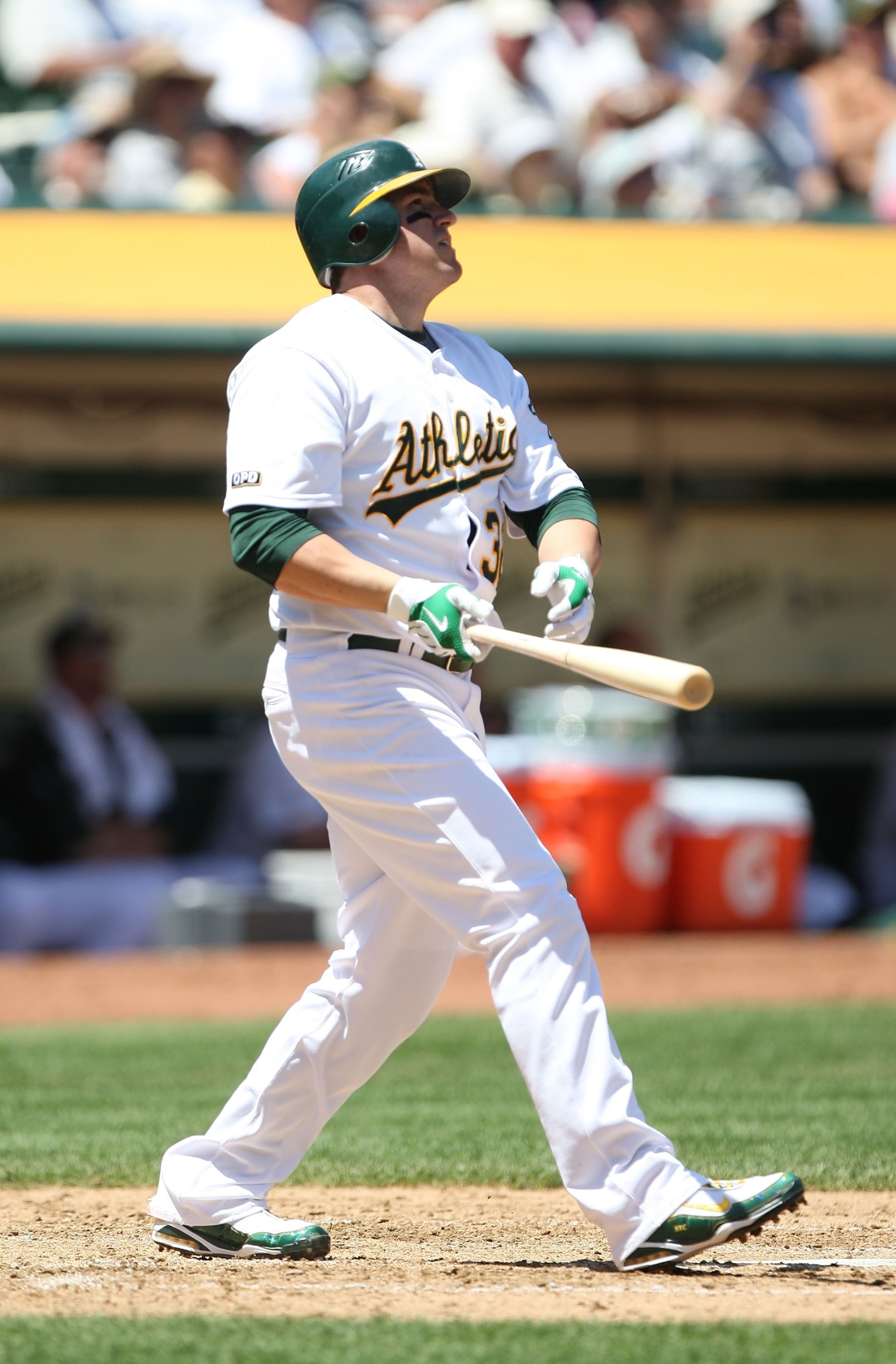 OAKLAND, CA - MAY 07:  Jack Cust #32 of the Oakland Athletics bats against the Texas Rangers during a Major League Baseball game on May 7, 2009 at the Oakland Coliseum in Oakland, California.  (Photo by Jed Jacobsohn/Getty Images)