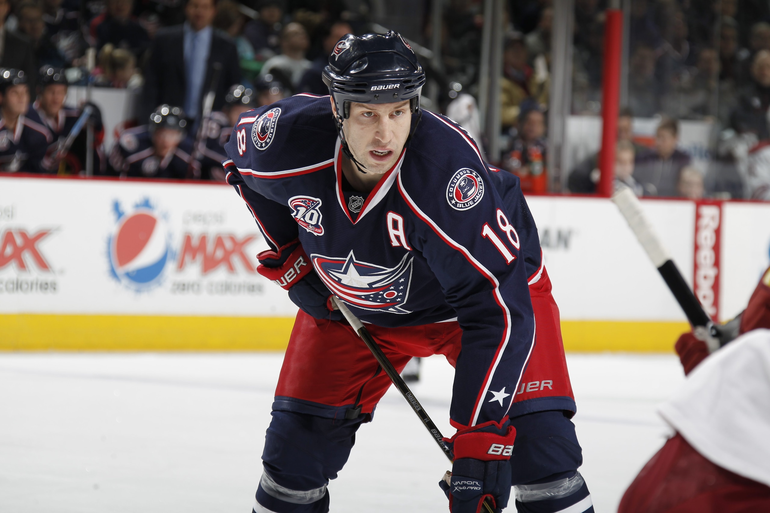 COLUMBUS, OH - JANUARY 11: RJ Umberger #18 of the Columbus Blue Jackets skates against the Phoenix Coyotes during a game on January 11, 2011 at the Nationwide Arena in Columbus, Ohio. (Photo by Gregory Shamus/Getty Images)