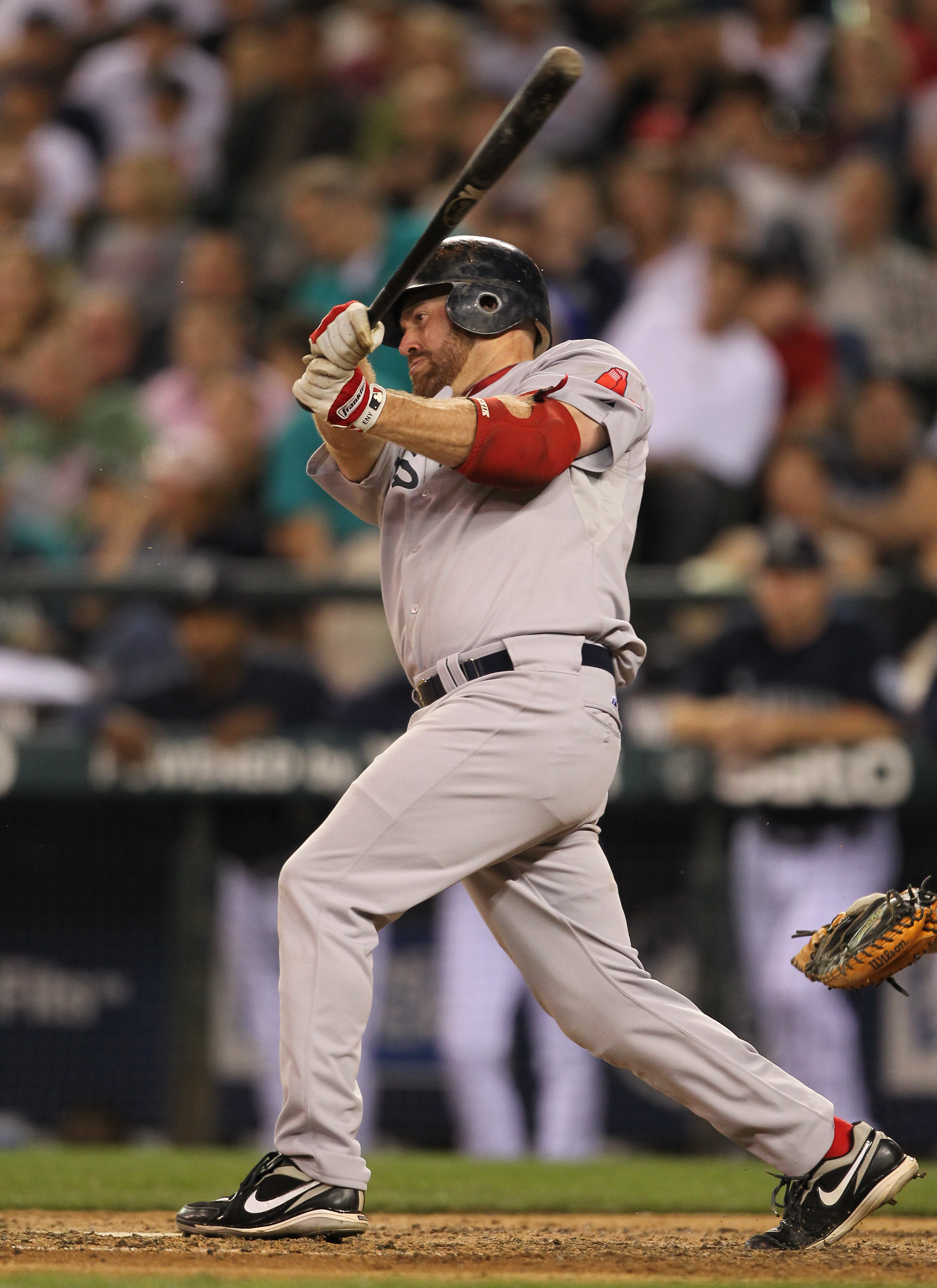 Boston Red Sox first baseman Kevin Youkilis assumes his unusual stance at  the plate as the Red Sox faced the Texas Rangers at Rangers Ballpark in  Arlington, Texas, Tuesday, July 21, 2009. (