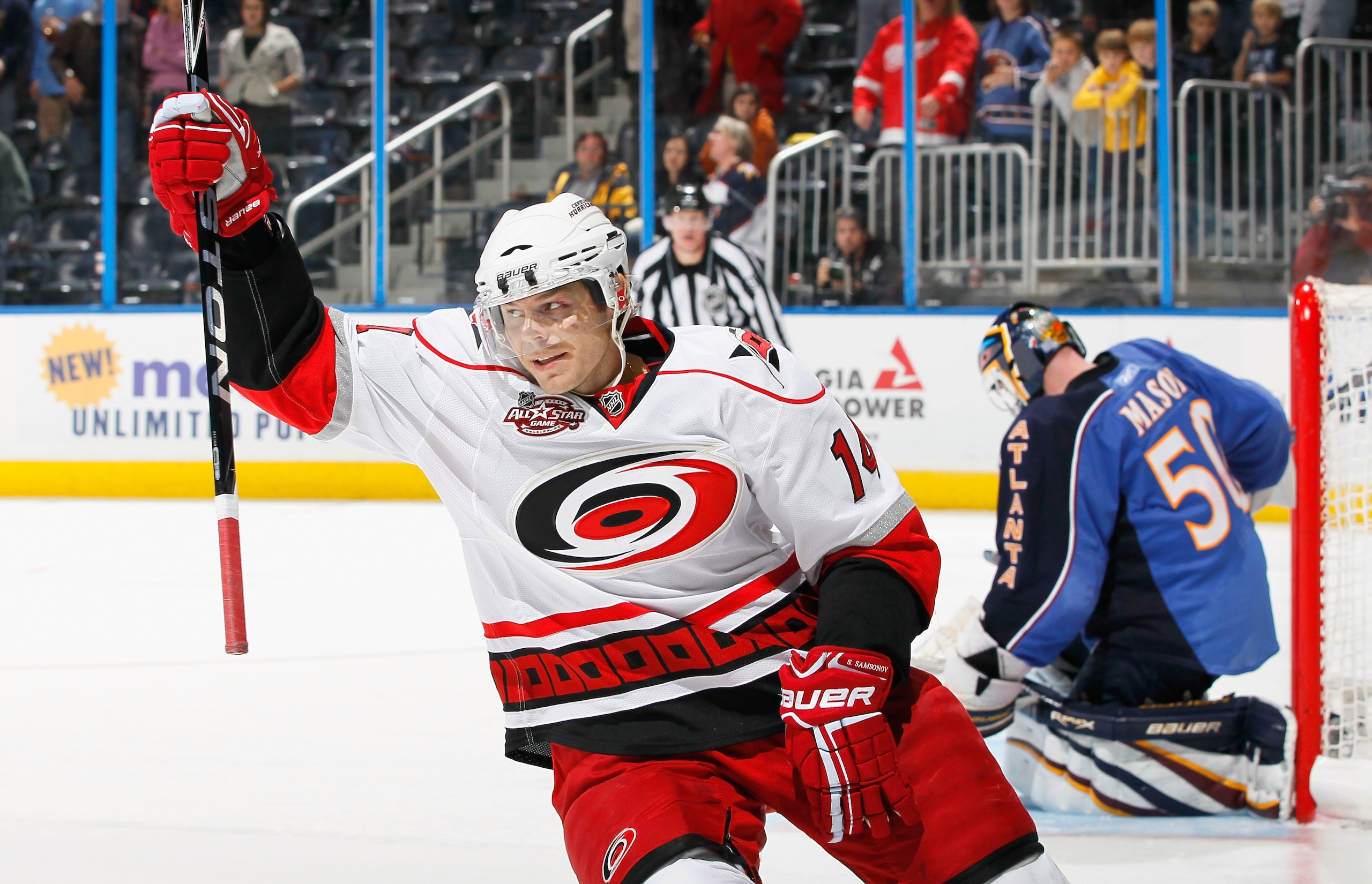 ATLANTA, GA - DECEMBER 16: Sergei Samsonov #14 of the Carolina Hurricanes reacts after scoring a shootout goal past goaltender Chris Mason #50 of the Atlanta Thrashers to give the Hurricanes a 3-2 win in a shootout at Philips Arena on December 16, 2010 i ATLANTA, GA - DECEMBER 16: Sergei Samsonov #14 of the Carolina Hurricanes reacts after scoring a shootout goal past goaltender Chris Mason #50 of the Atlanta Thrashers to give the Hurricanes a 3-2 win in a shootout at Philips Arena on December 16, 2010 i