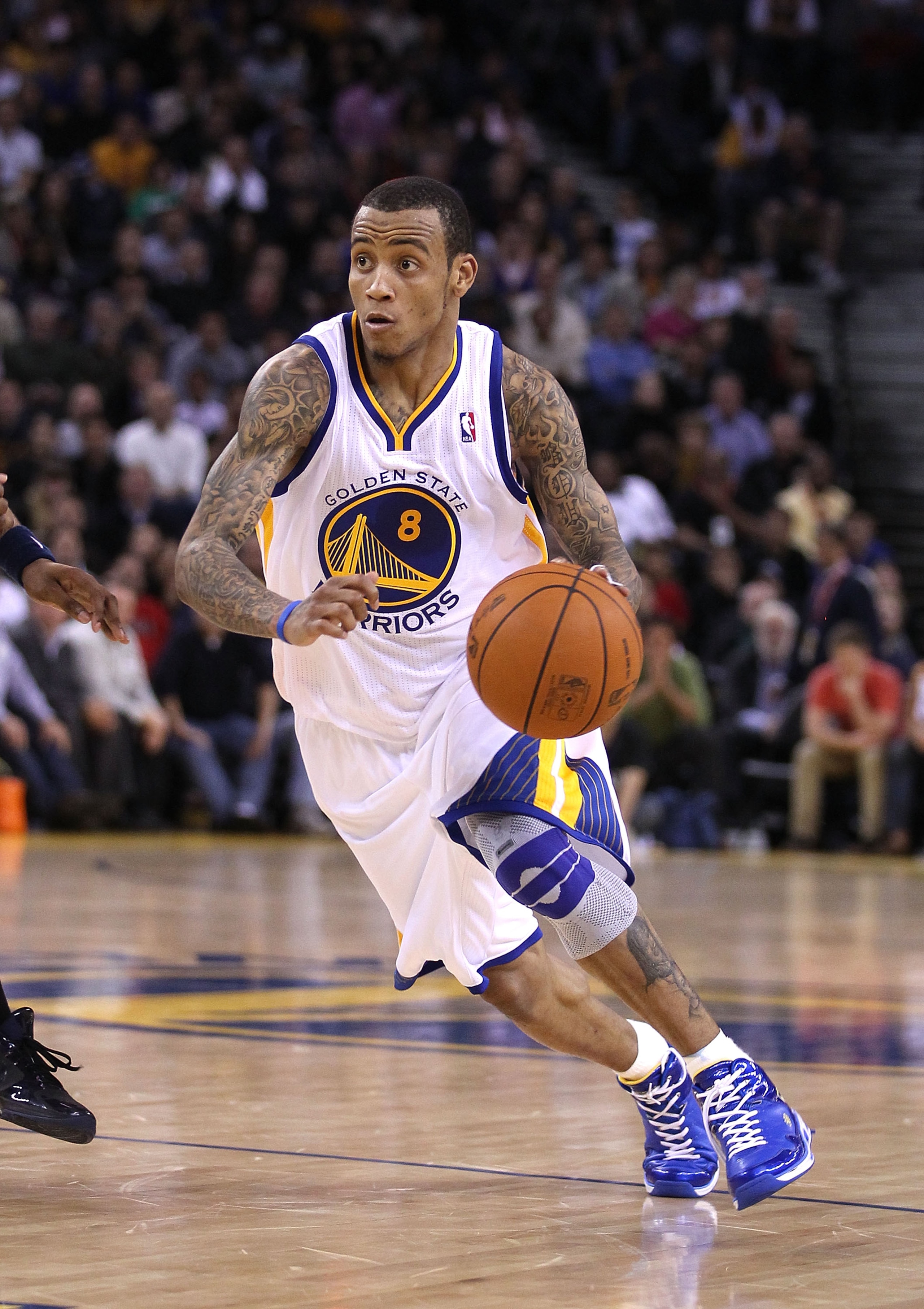 OAKLAND, CA - JANUARY 19:  Monta Ellis #8 of the Golden State Warriors in action against the Indiana Pacers at Oracle Arena on January 19, 2011 in Oakland, California.  NOTE TO USER: User expressly acknowledges and agrees that, by downloading and or using