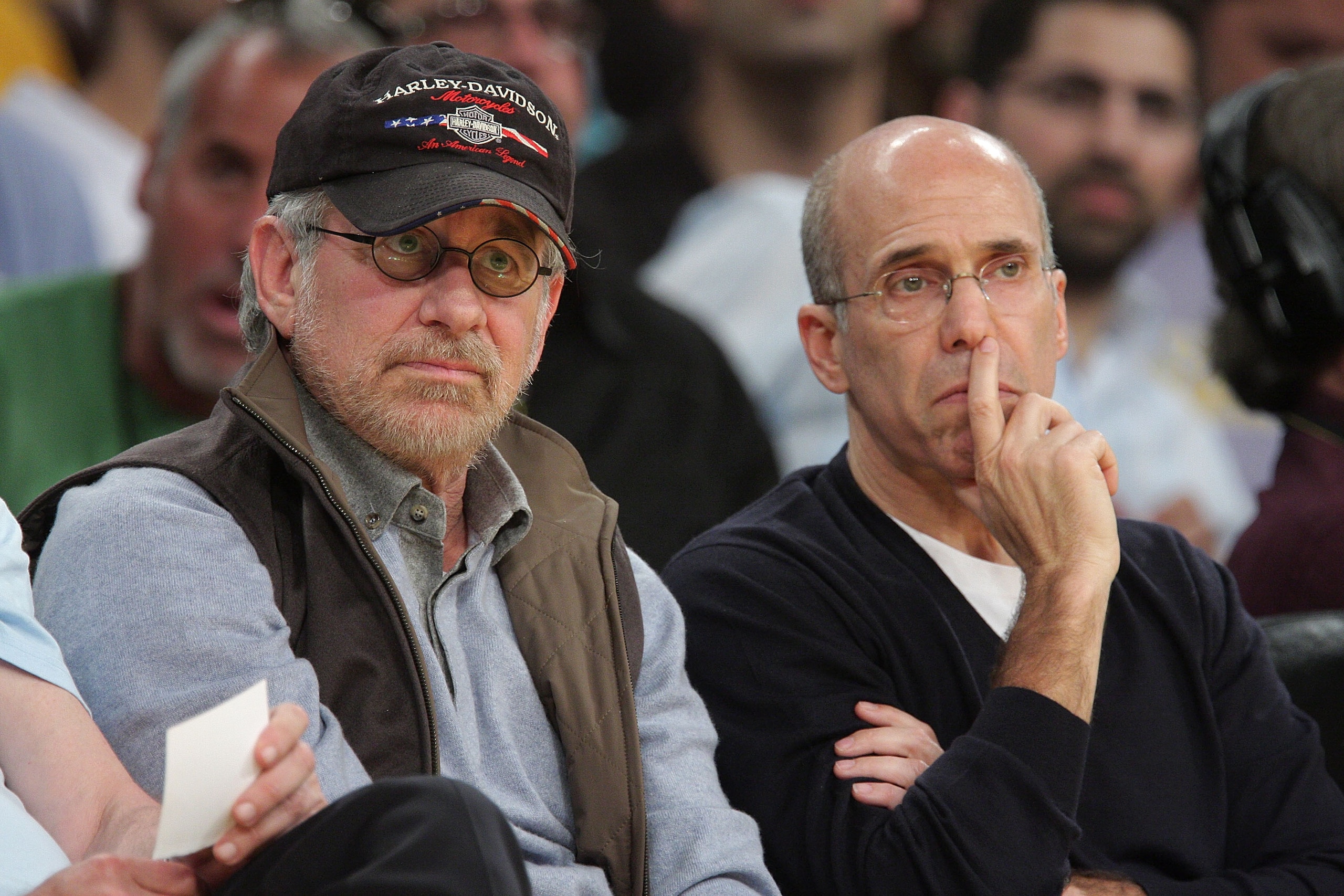 LOS ANGELES, CA - MAY 06:  Steven Spielberg (L) and Jeffrey Katzenberg (R) attend the Los Angeles Lakers vs Houston Rockets game at Staples Center on May 6, 2009 in Los Angeles, California.  (Photo by Noel Vasquez/Getty Images)