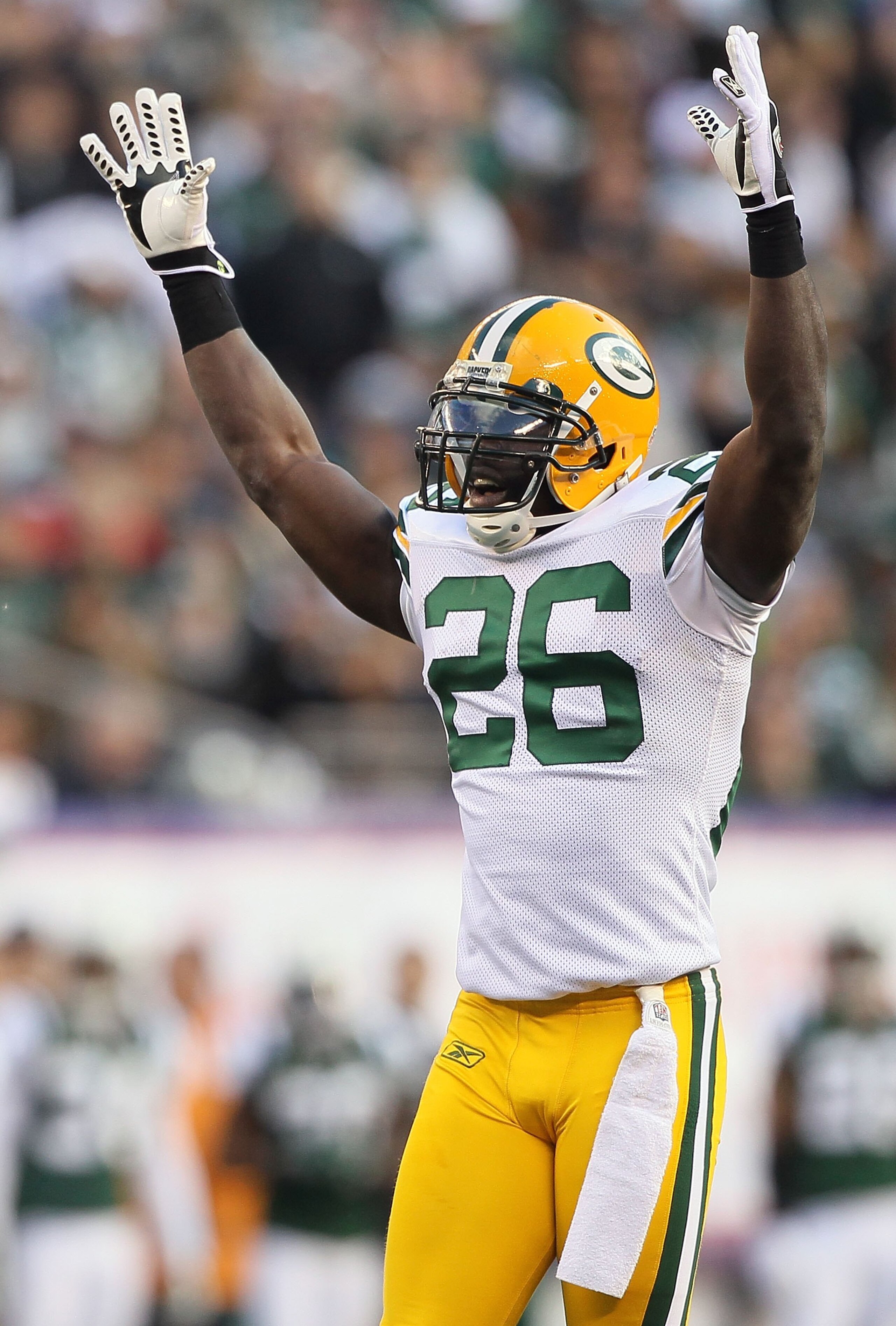 EAST RUTHERFORD, NJ - OCTOBER 31:  Charlie Peprah #26 of the Green Bay Packers in action against the New York Jets on October 31, 2010 at the New Meadowlands Stadium in East Rutherford, New Jersey.The Packers defeated the Jets 9-0.  (Photo by Jim McIsaac/