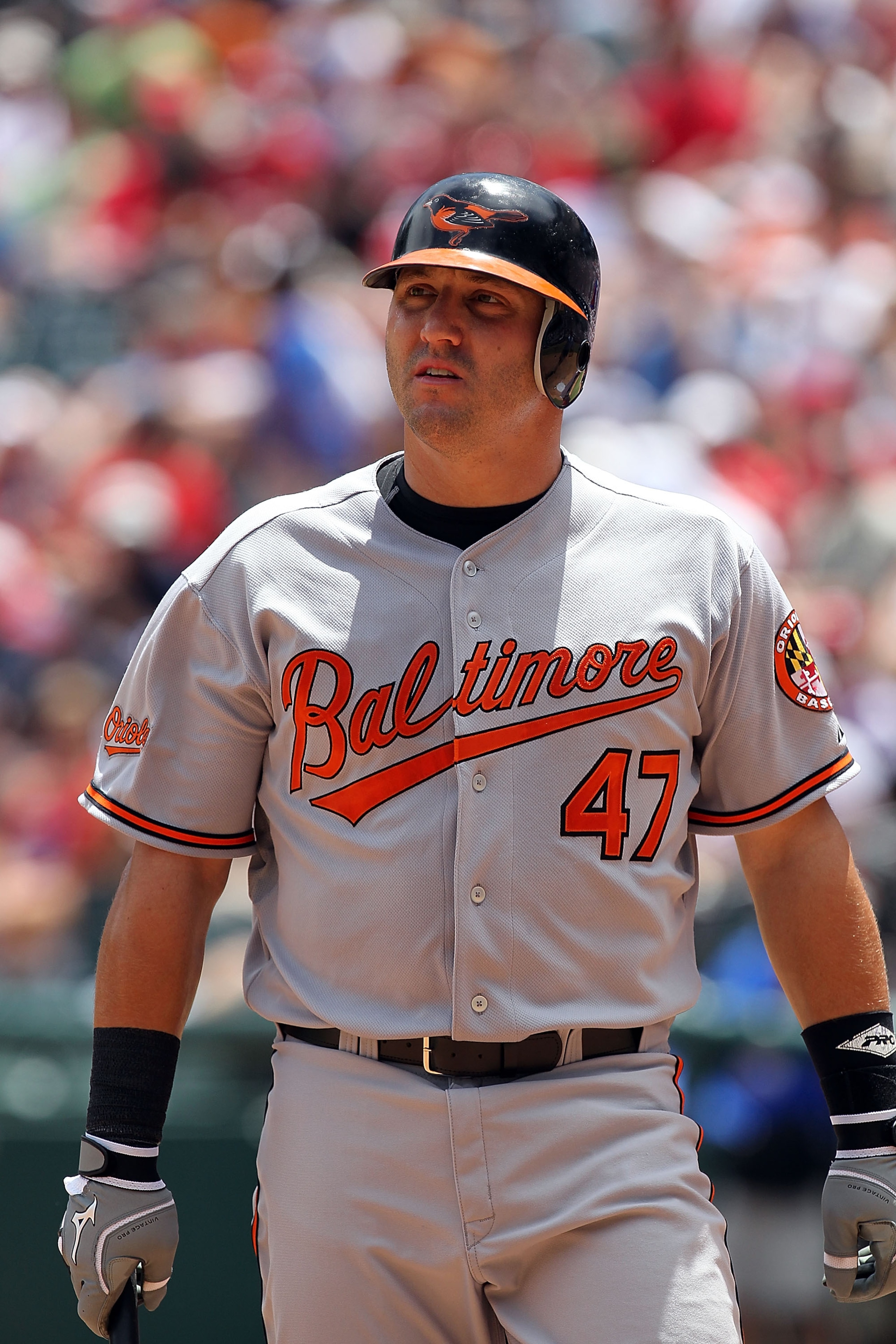 ARLINGTON, TX - JULY 11:  Jake Fox #47 of the Baltimore Orioles on July 11, 2010 at Rangers Ballpark in Arlington, Texas.  (Photo by Ronald Martinez/Getty Images)