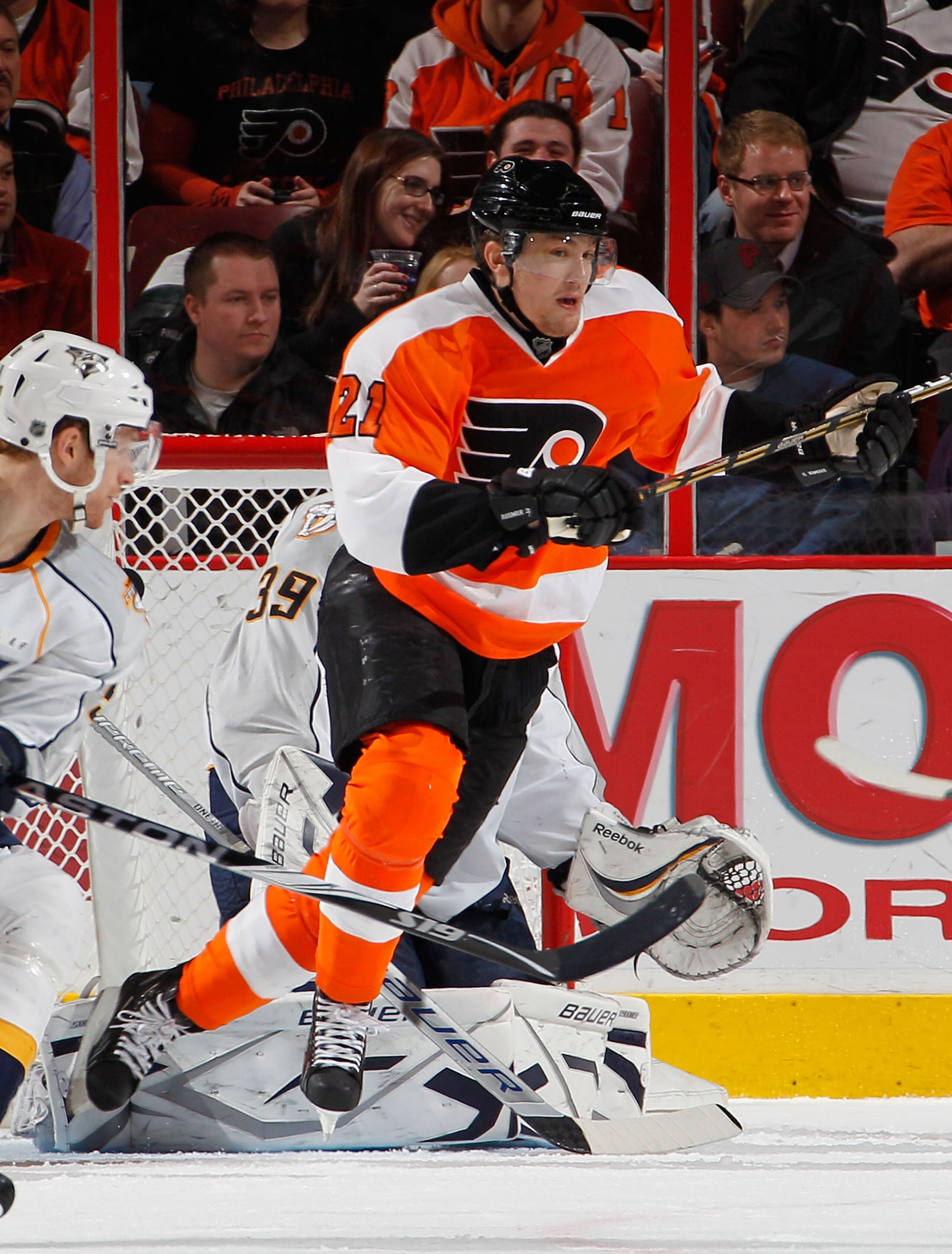 PHILADELPHIA, PA - FEBRUARY 03: James van Riemsdyk #21 of the Philadelphia Flyers skates during an NHL hockey game against the Nashville Predators at the Wells Fargo Center on February 3, 2011 in Philadelphia, Pennsylvania. (Photo by Paul Bereswill/Gett PHILADELPHIA, PA - FEBRUARY 03: James van Riemsdyk #21 of the Philadelphia Flyers skates during an NHL hockey game against the Nashville Predators at the Wells Fargo Center on February 3, 2011 in Philadelphia, Pennsylvania. (Photo by Paul Bereswill/Gett