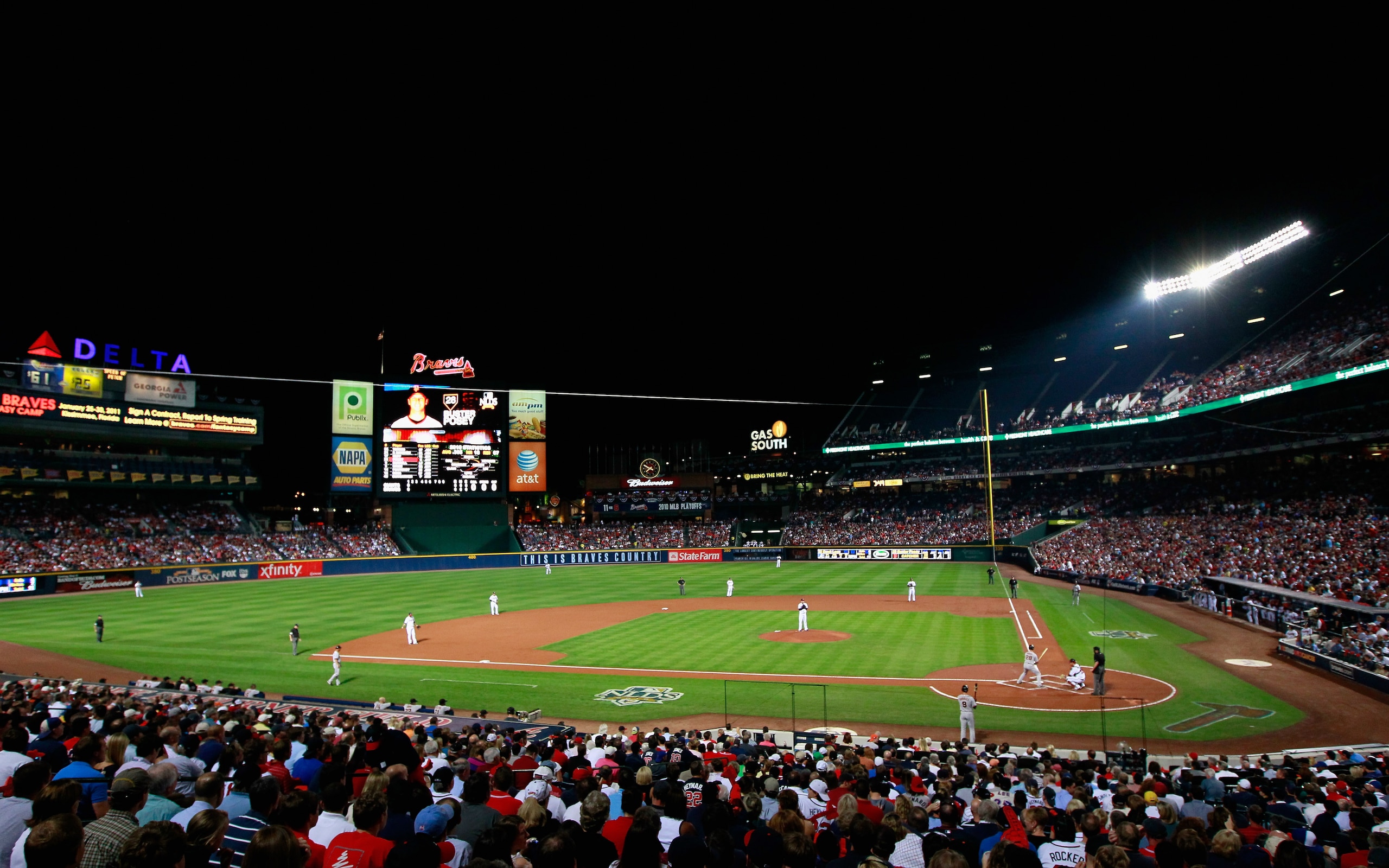 ATLANTA - OCTOBER 11: A general view of Turner Field during the game between the Atlanta Braves cheer and the San Francisco Giants during Game Four of the NLDS of the 2010 MLB Playoffs at Turner Field on October 11, 2010 in Atlanta, Georgia. (Photo by K ATLANTA - OCTOBER 11: A general view of Turner Field during the game between the Atlanta Braves cheer and the San Francisco Giants during Game Four of the NLDS of the 2010 MLB Playoffs at Turner Field on October 11, 2010 in Atlanta, Georgia. (Photo by K
