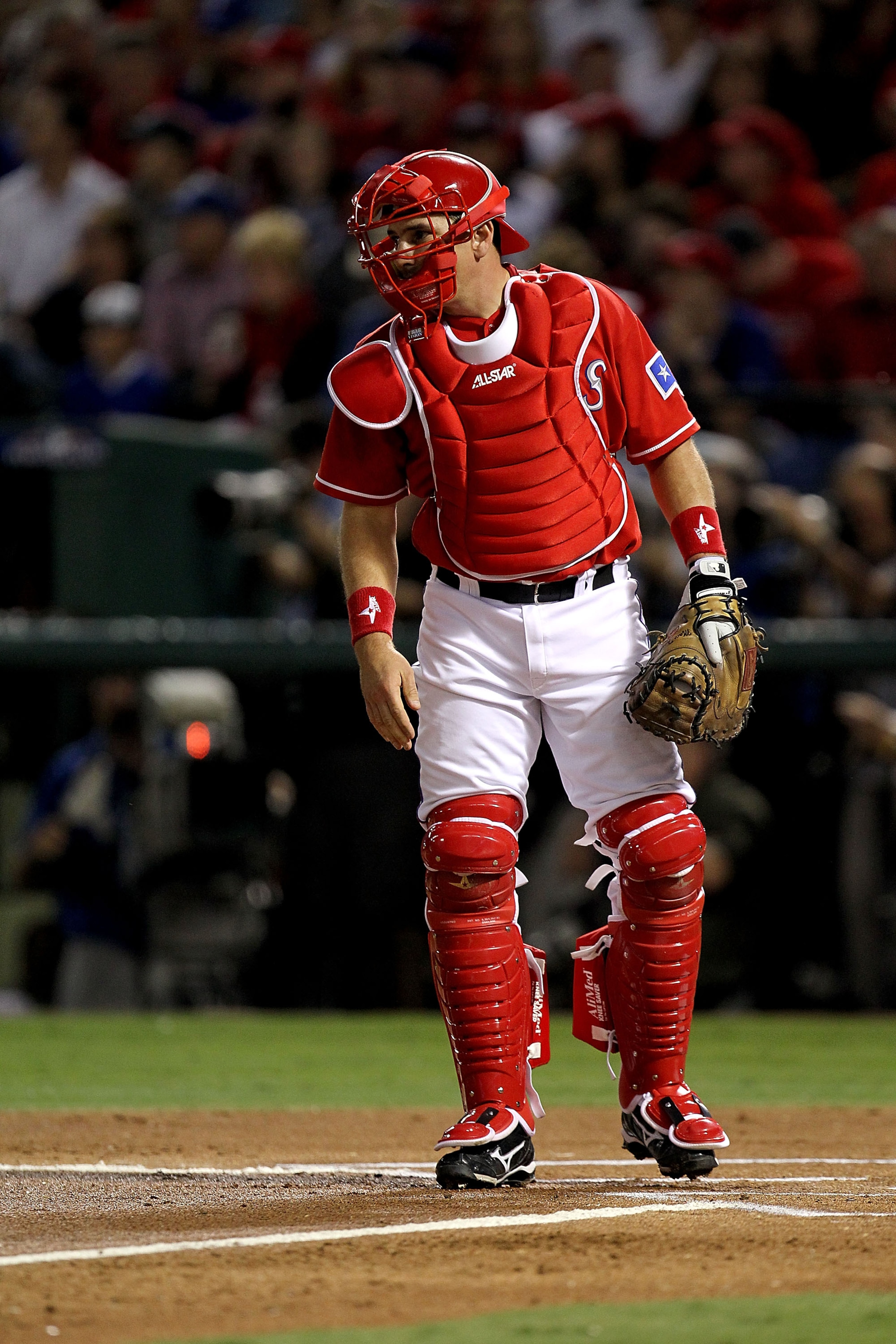 ARLINGTON, TX - OCTOBER 15:  Catcher Matt Treanor #15 of the Texas Rangers looks on against the New York Yankees in Game One of the ALCS during the 2010 MLB Playoffs at Rangers Ballpark in Arlington on October 15, 2010 in Arlington, Texas. The Yankees won