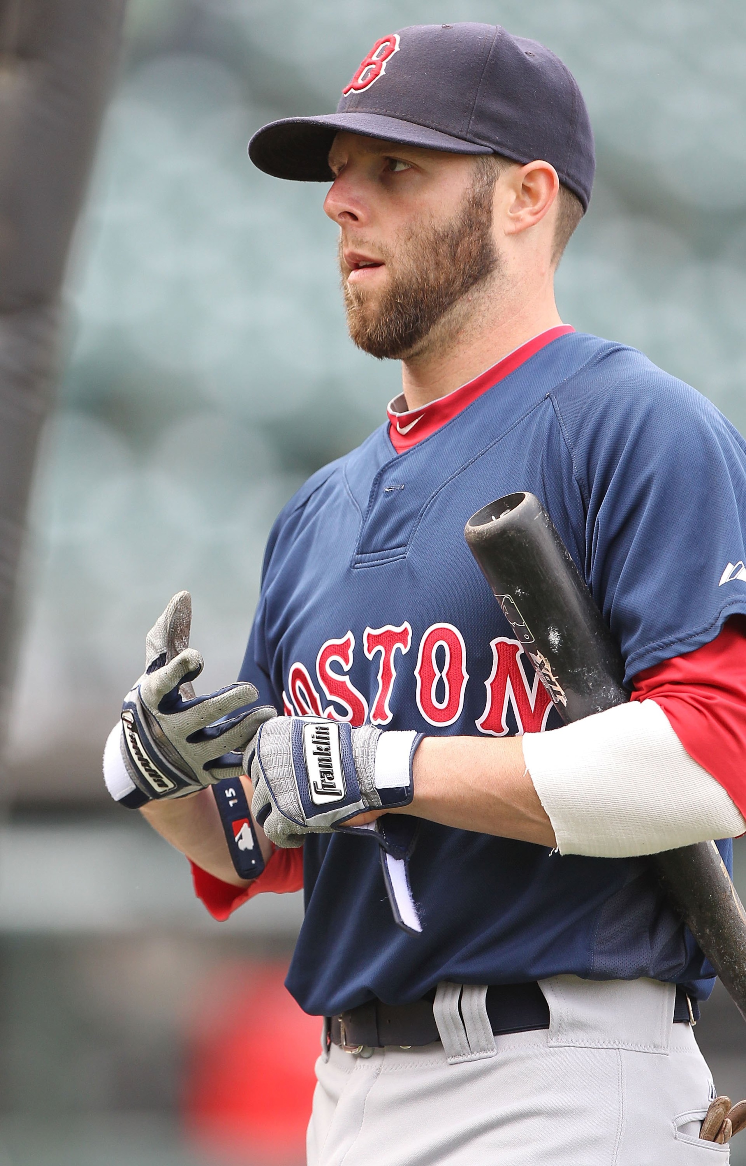 SAN FRANCISCO - JUNE 25:  Dustin Pedroia #15 of the Boston Red Sox warms up against the San Francisco Giants during an MLB game at AT&T Park on June 25, 2010 in San Francisco, California.  (Photo by Jed Jacobsohn/Getty Images)