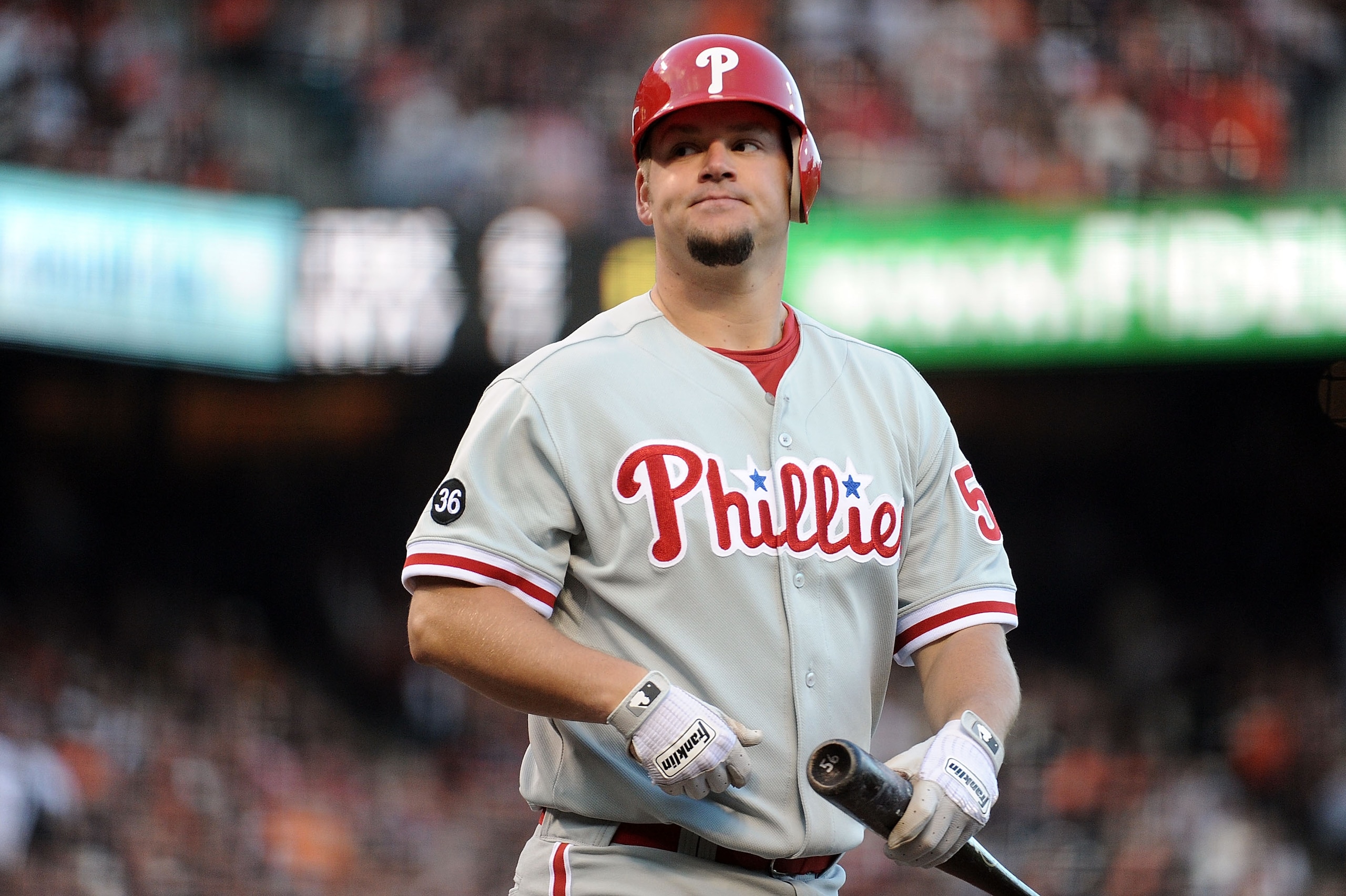 SAN FRANCISCO - OCTOBER 20:  Joe Blanton #56 of the Philadelphia Phillies reacts after striking out in the third inning of Game Four of the NLCS against the San Francisco Giants during the 2010 MLB Playoffs at AT&T Park on October 20, 2010 in San Francisc