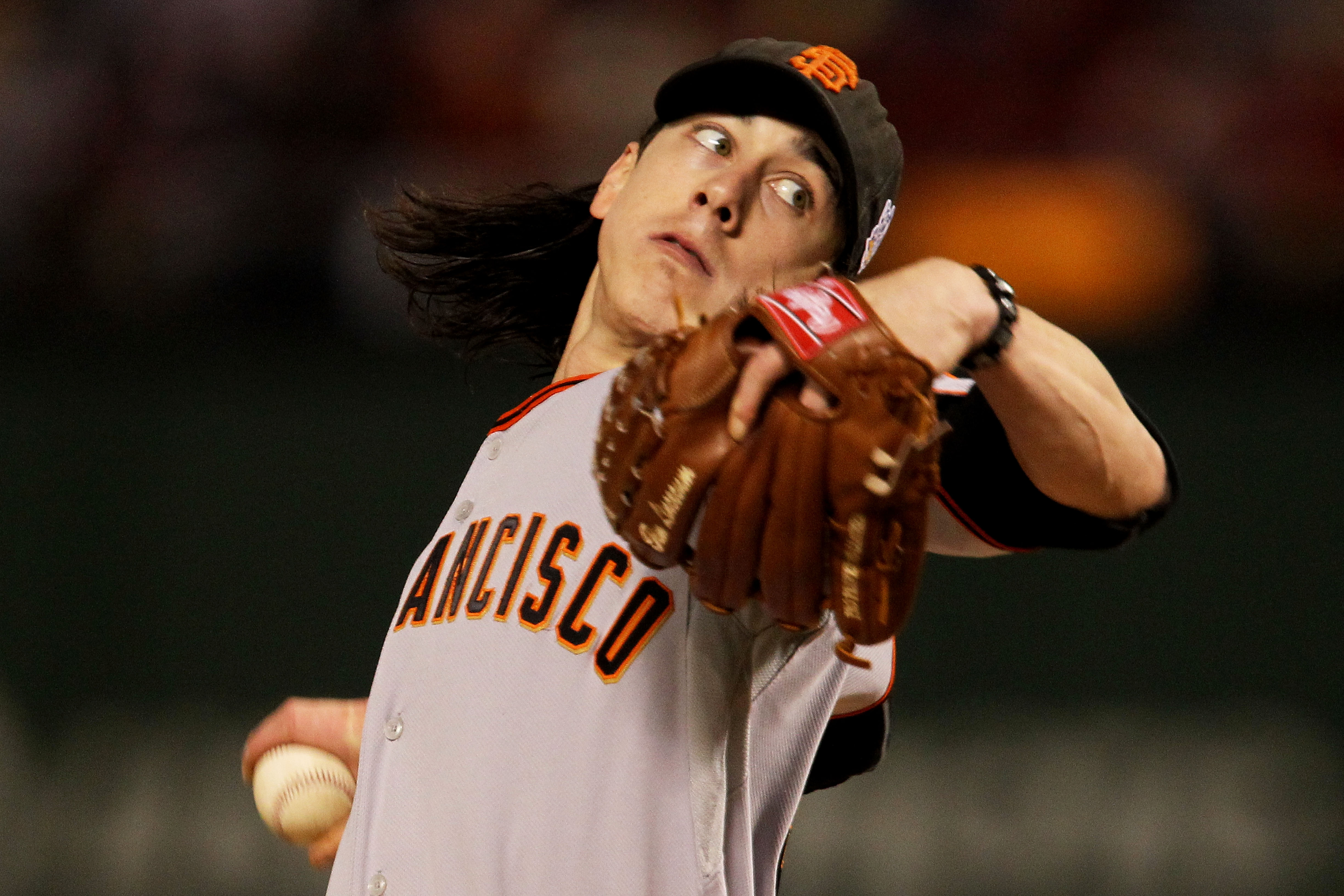 ARLINGTON, TX - NOVEMBER 01:  Starting pitcher Tim Lincecum #55 of the San Francisco Giants pitches against the Texas Rangers in Game Five of the 2010 MLB World Series at Rangers Ballpark in Arlington on November 1, 2010 in Arlington, Texas.  (Photo by Do